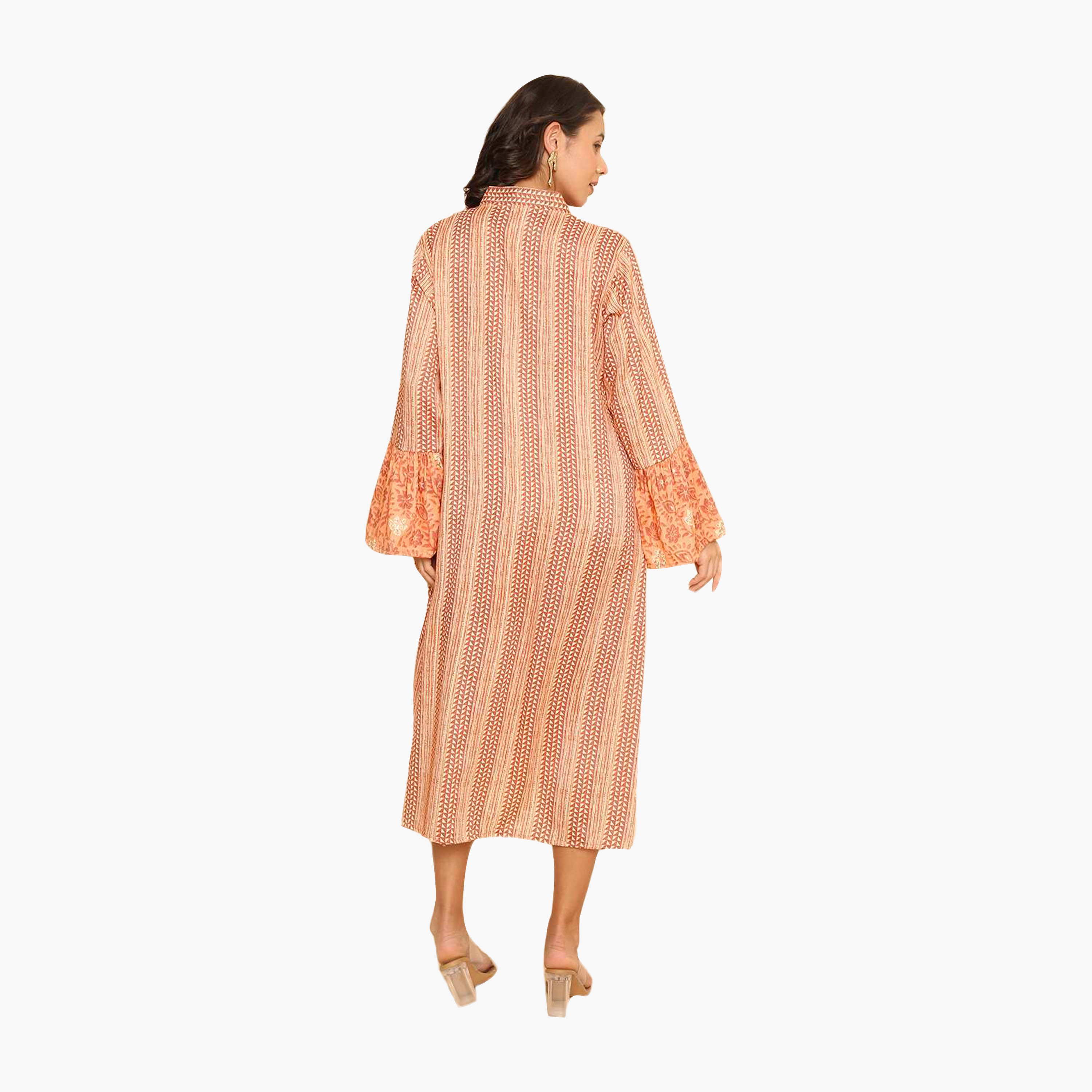 جلابية نسائية بأكمام واسعة وياقة وطبعة أشكال هندسية برتقالية من هنا اند سارة-women-arabicclothing-jalabiyas-image-5