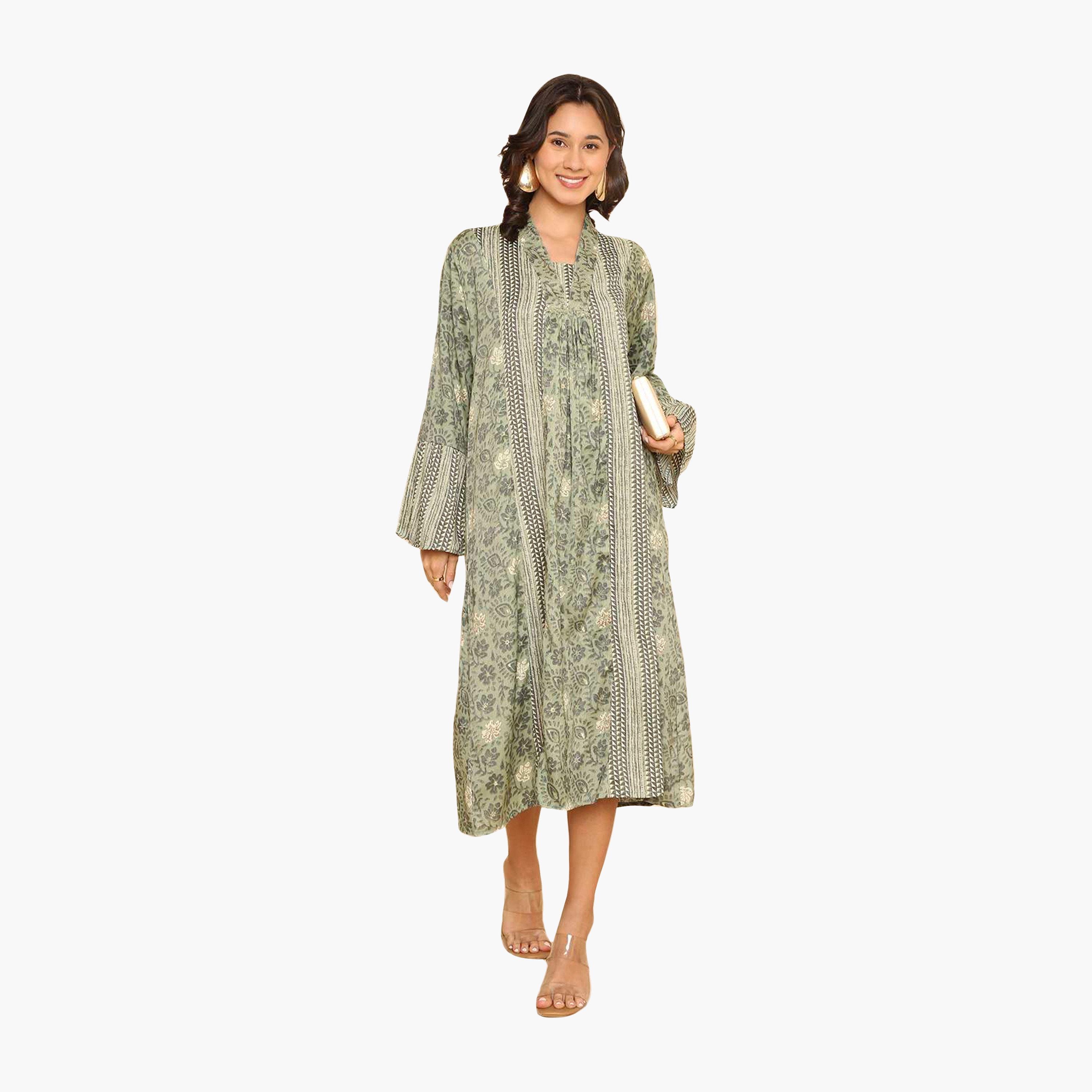 HanaandSara Floral Print Collared Bell Sleeves Women's Jalabiya-women-arabicclothing-jalabiyas-image-1