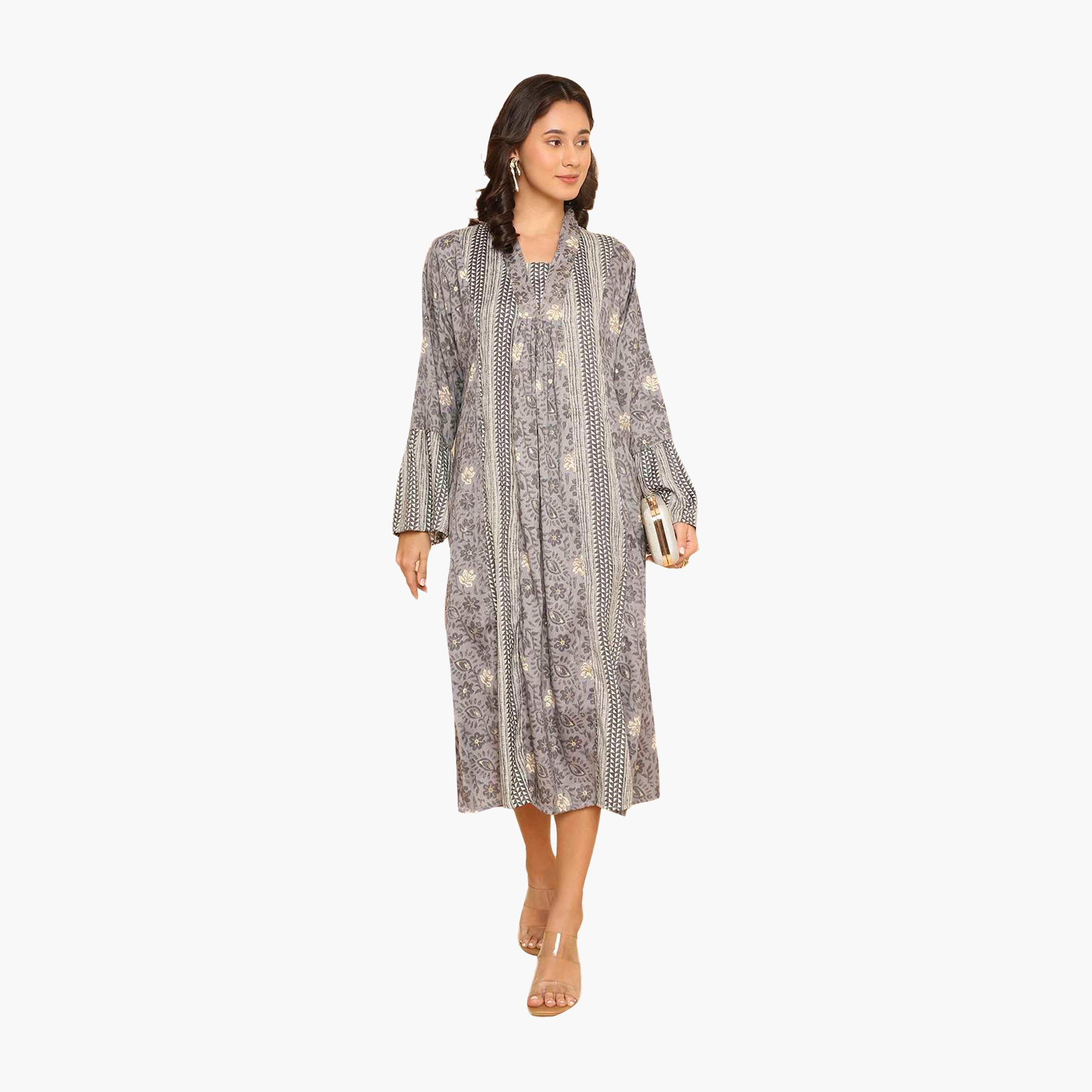 HanaandSara Floral Print Collared Bell Sleeves Women's Jalabiya-women-arabicclothing-jalabiyas-image-1