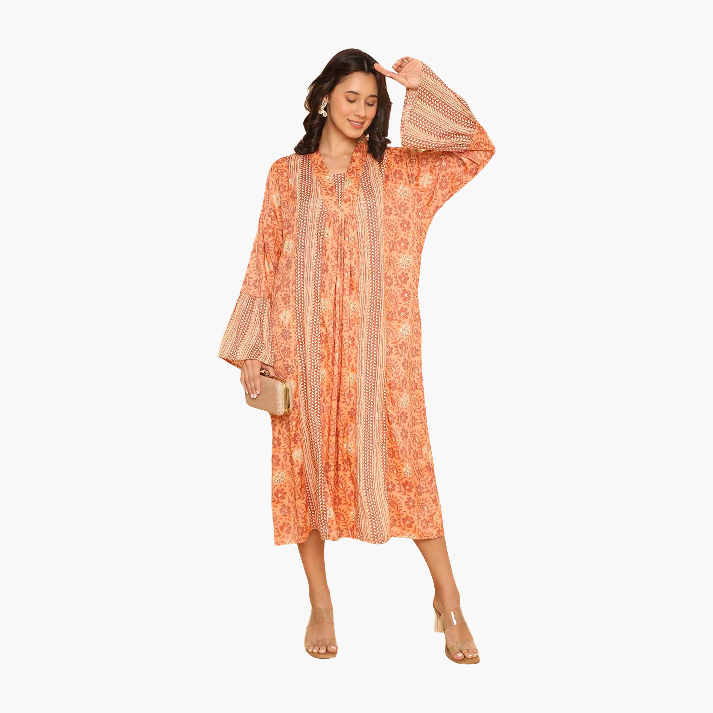 HanaandSara Floral Print Collared Bell Sleeves Women's Jalabiya-women-arabicclothing-jalabiyas-image-16