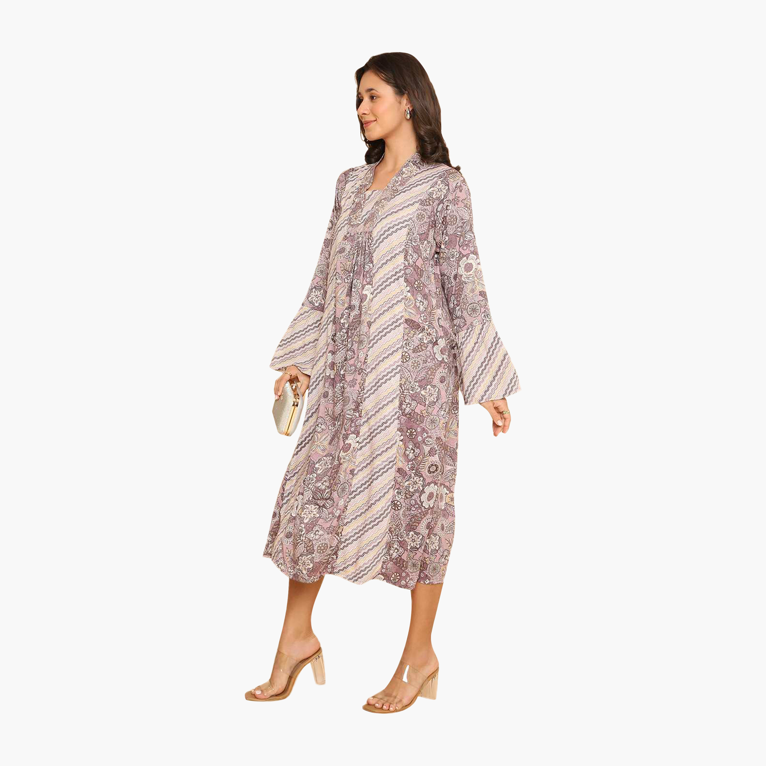 جلابية نسائية بأكمام واسعة وياقة وطبعة زهور من هنا اند سارة-women-arabicclothing-jalabiyas-image-9