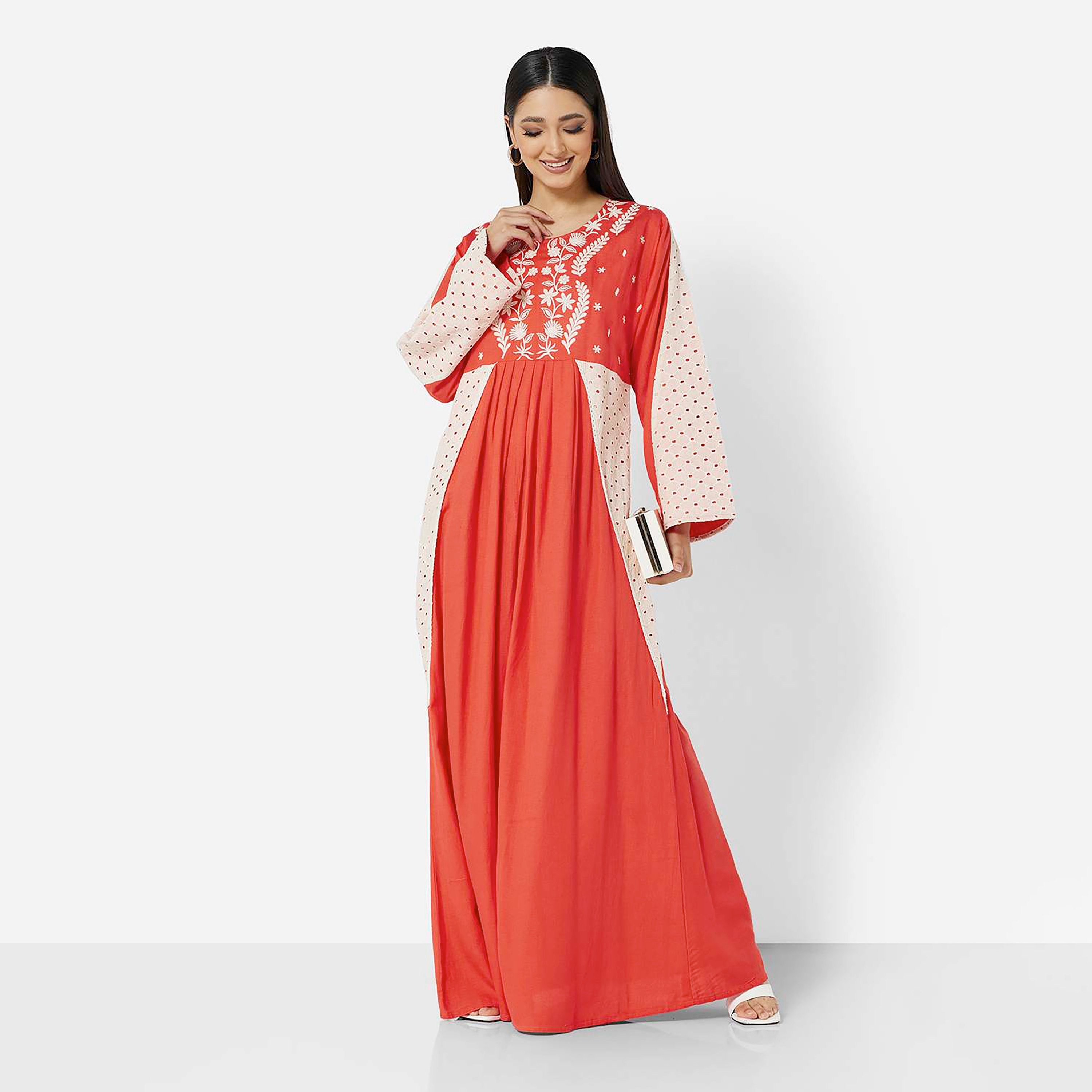Hana & Sara Red Embroidered Flared Sleeves Women's Jalabiya-women-arabicclothing-jalabiyas-image-1