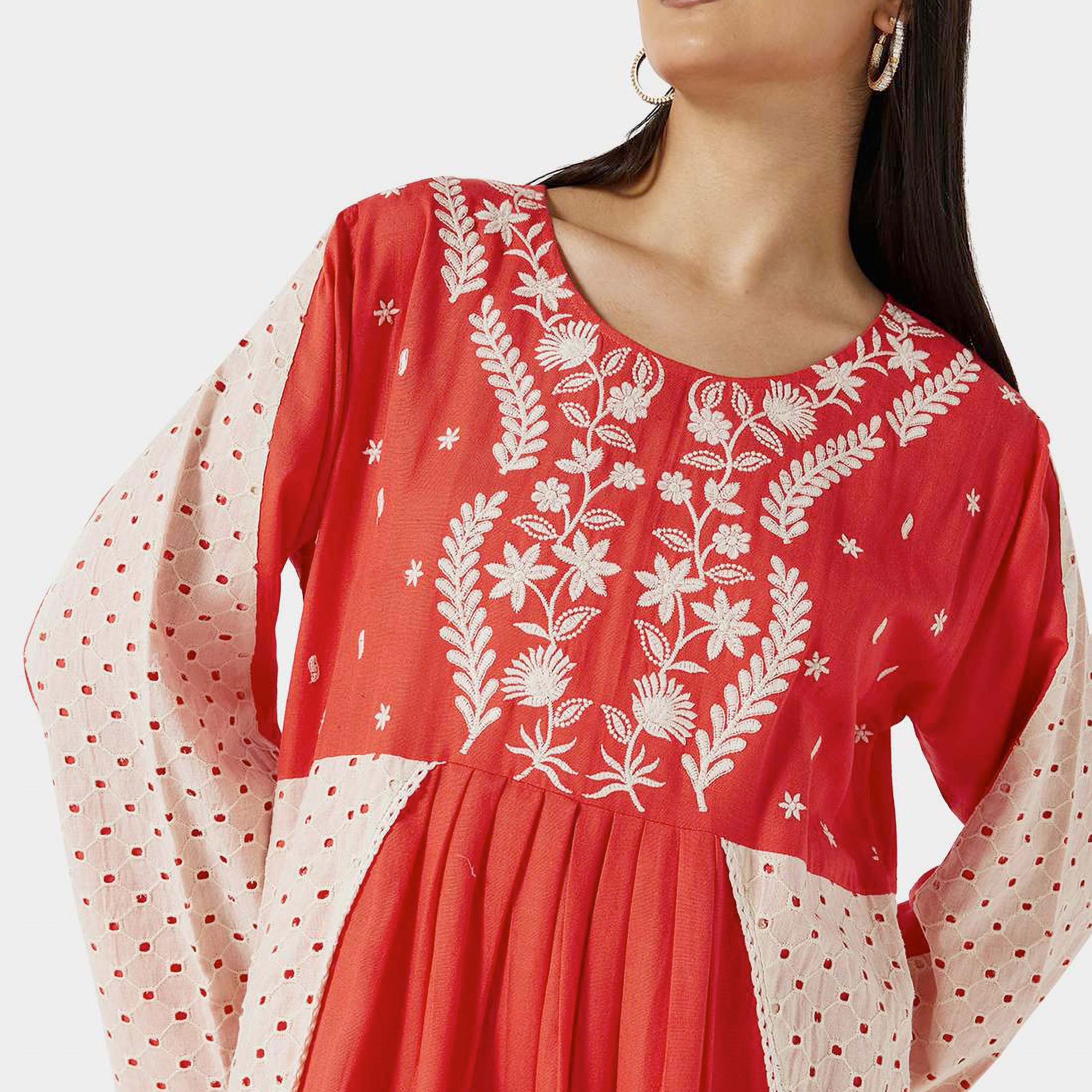 Hana & Sara Red Embroidered Flared Sleeves Women's Jalabiya-women-arabicclothing-jalabiyas-image-2