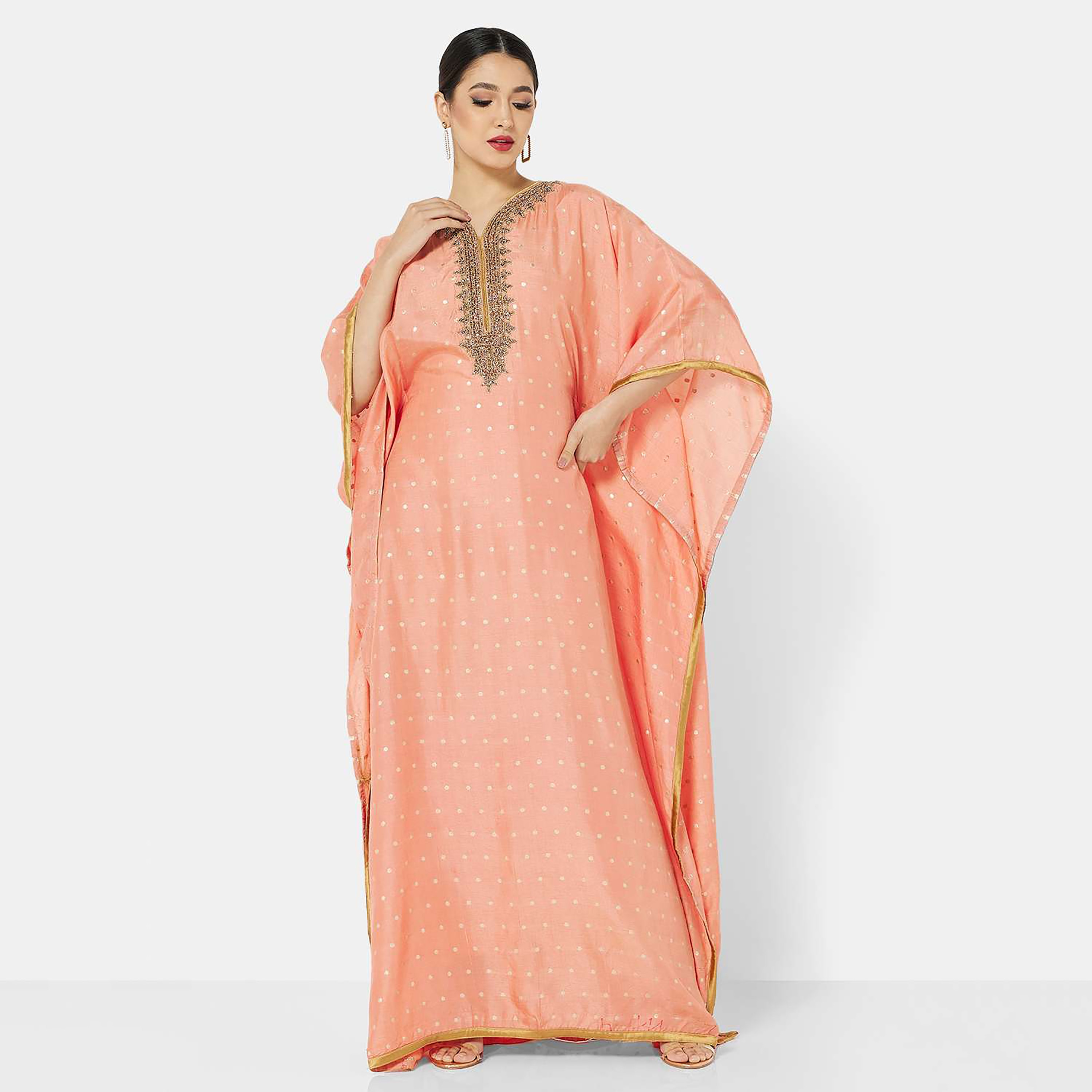 جلابية نسائية للحفلات بأكمام واسعة ومزينة باللون البرتقالي من هنا وسارة-women-arabicclothing-jalabiyas-image-1