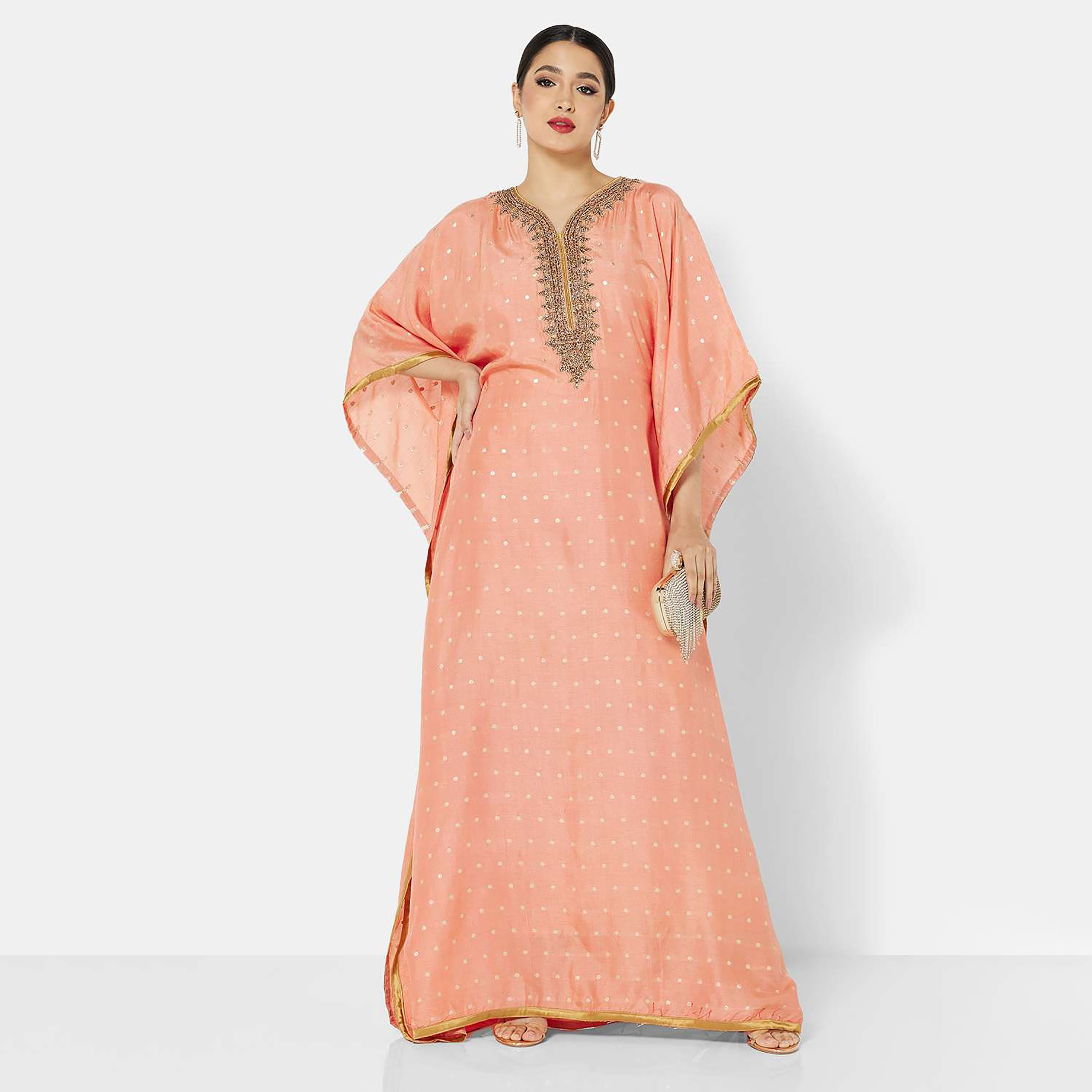 جلابية نسائية للحفلات بأكمام واسعة ومزينة باللون البرتقالي من هنا وسارة-women-arabicclothing-jalabiyas-image-3