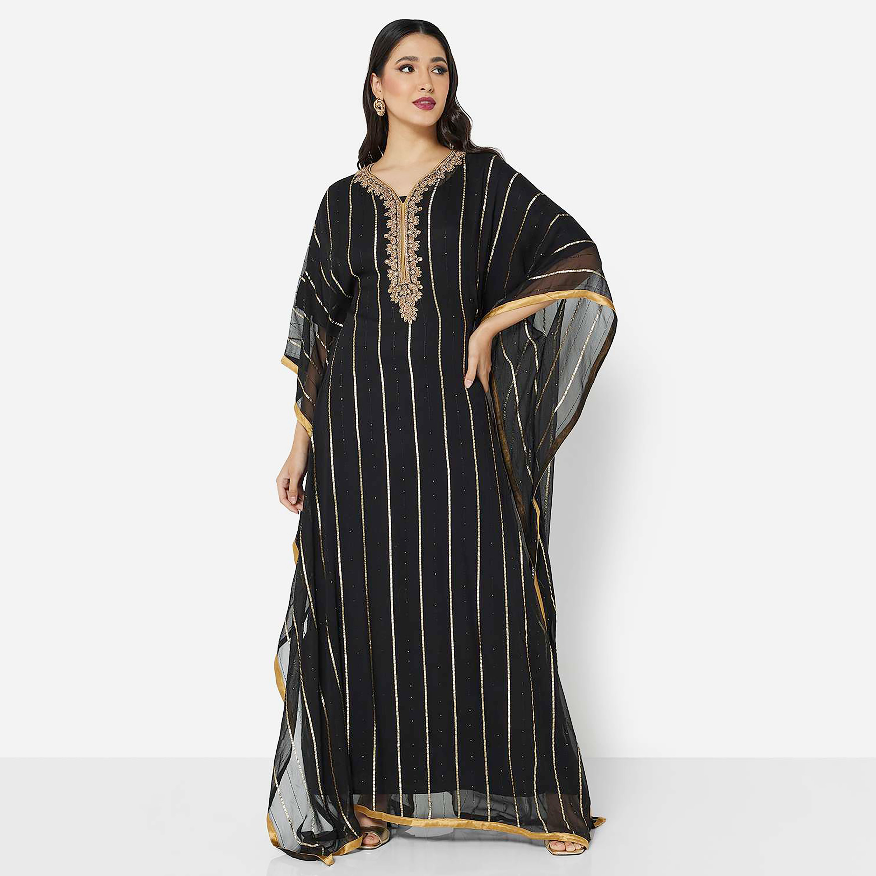 Hana & Sara Black Embellished Flared Sleeves Party Women's Jalabiya-women-arabicclothing-jalabiyas-image-1