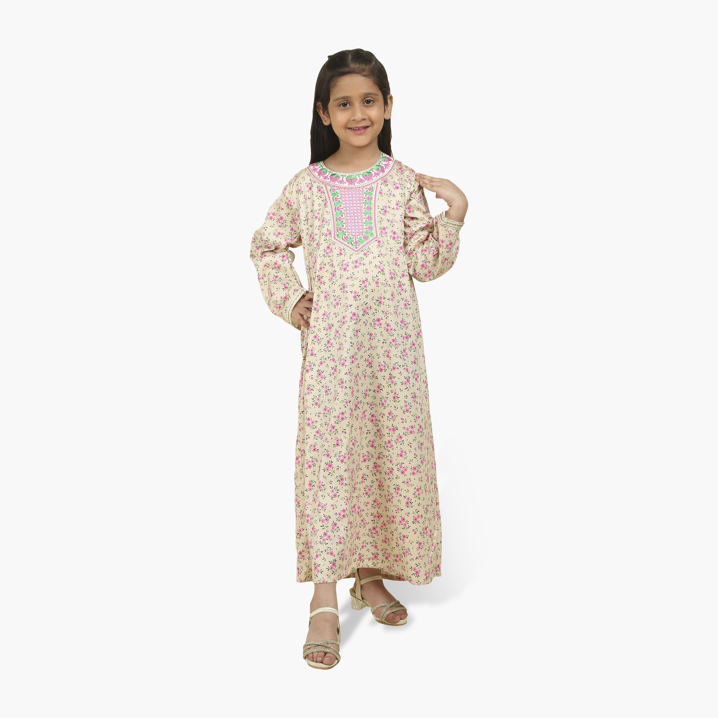 جلابية بناتي قماش ساتان بصدرية مطرزة وطبعة زهور من هنا أند سارة-girls-arabicclothing-jalabiyas-image-11