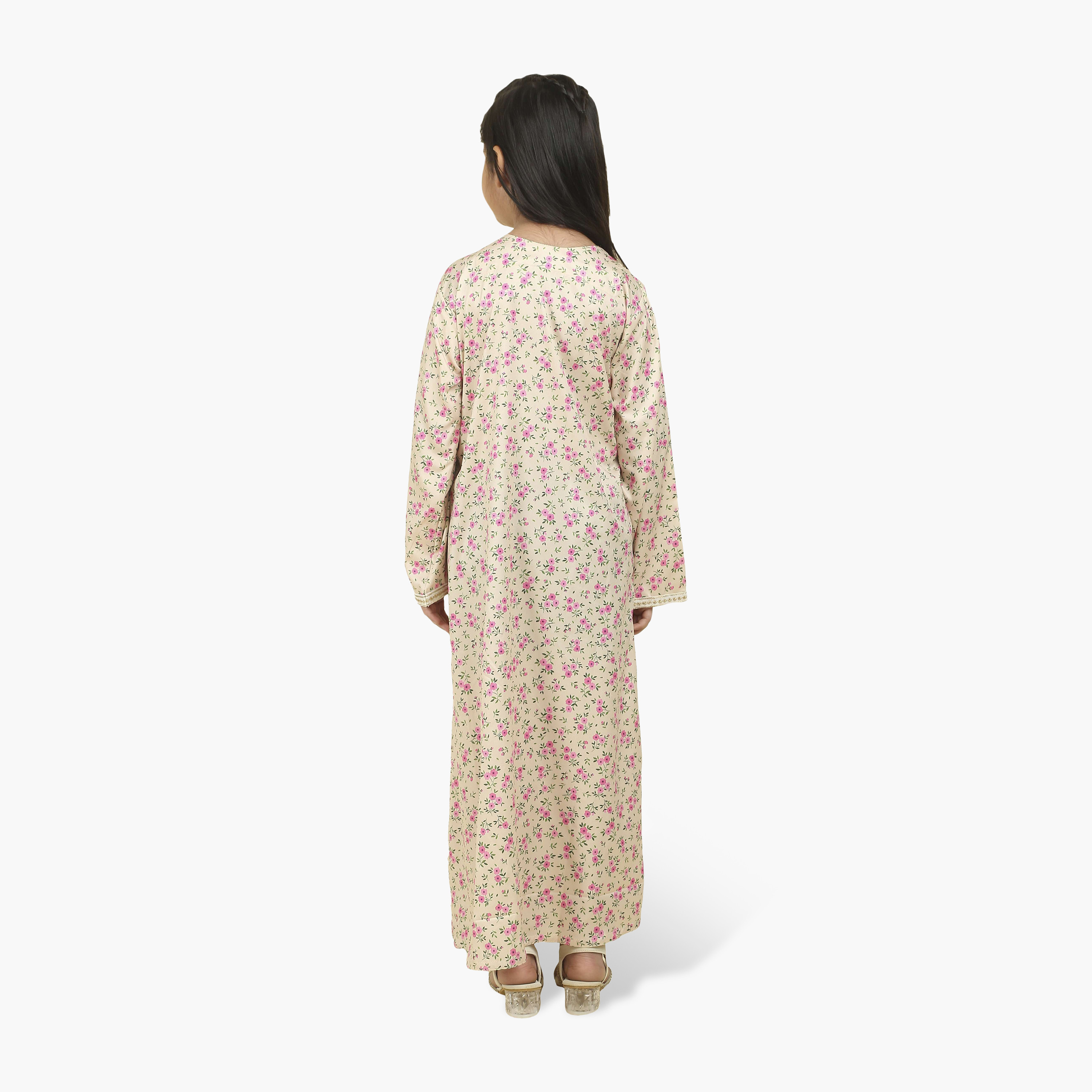 جلابية بناتي قماش ساتان بصدرية مطرزة وطبعة زهور من هنا أند سارة-girls-arabicclothing-jalabiyas-image-15