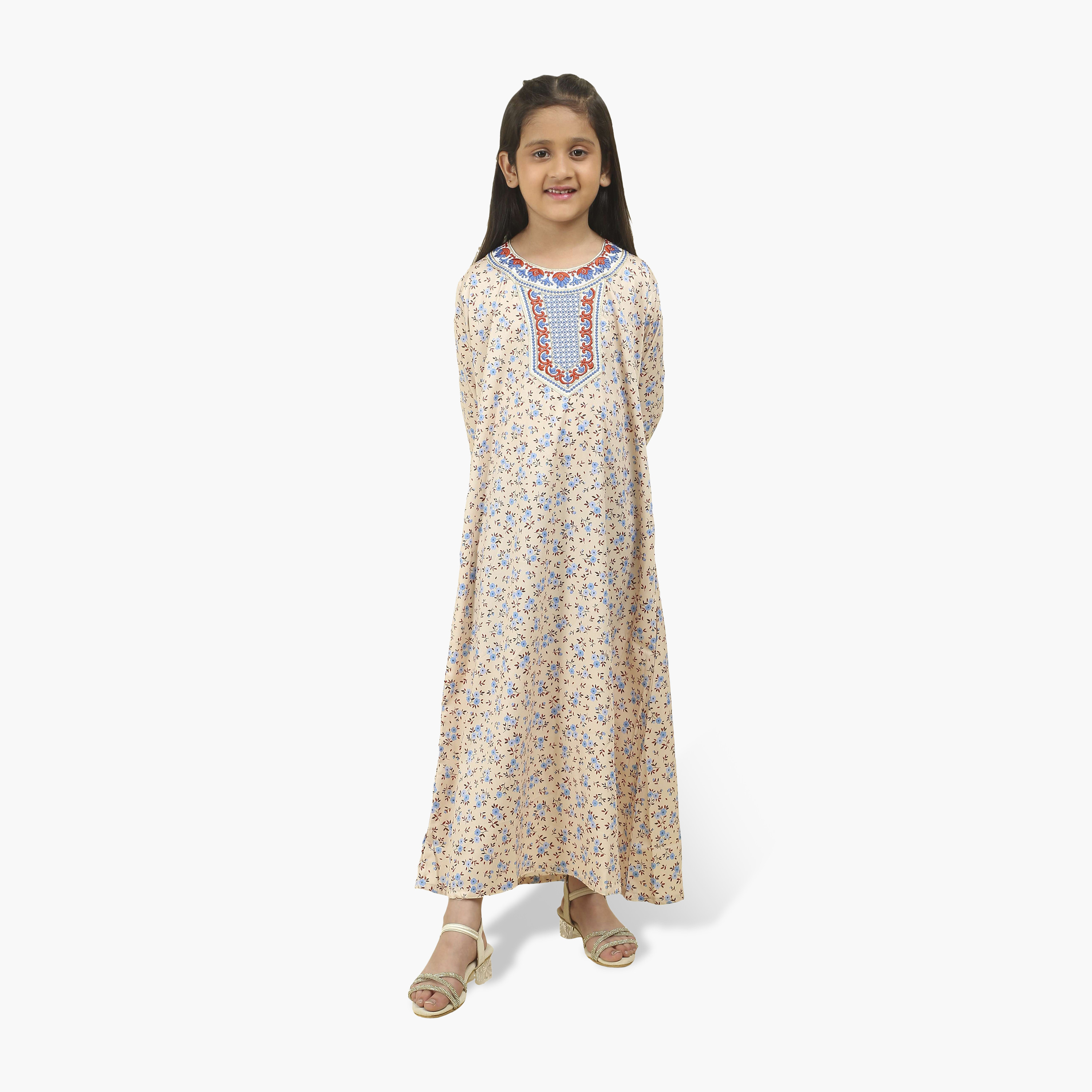 جلابية بناتي قماش ساتان بصدرية مطرزة وطبعة زهور من هنا أند سارة-girls-arabicclothing-jalabiyas-image-6