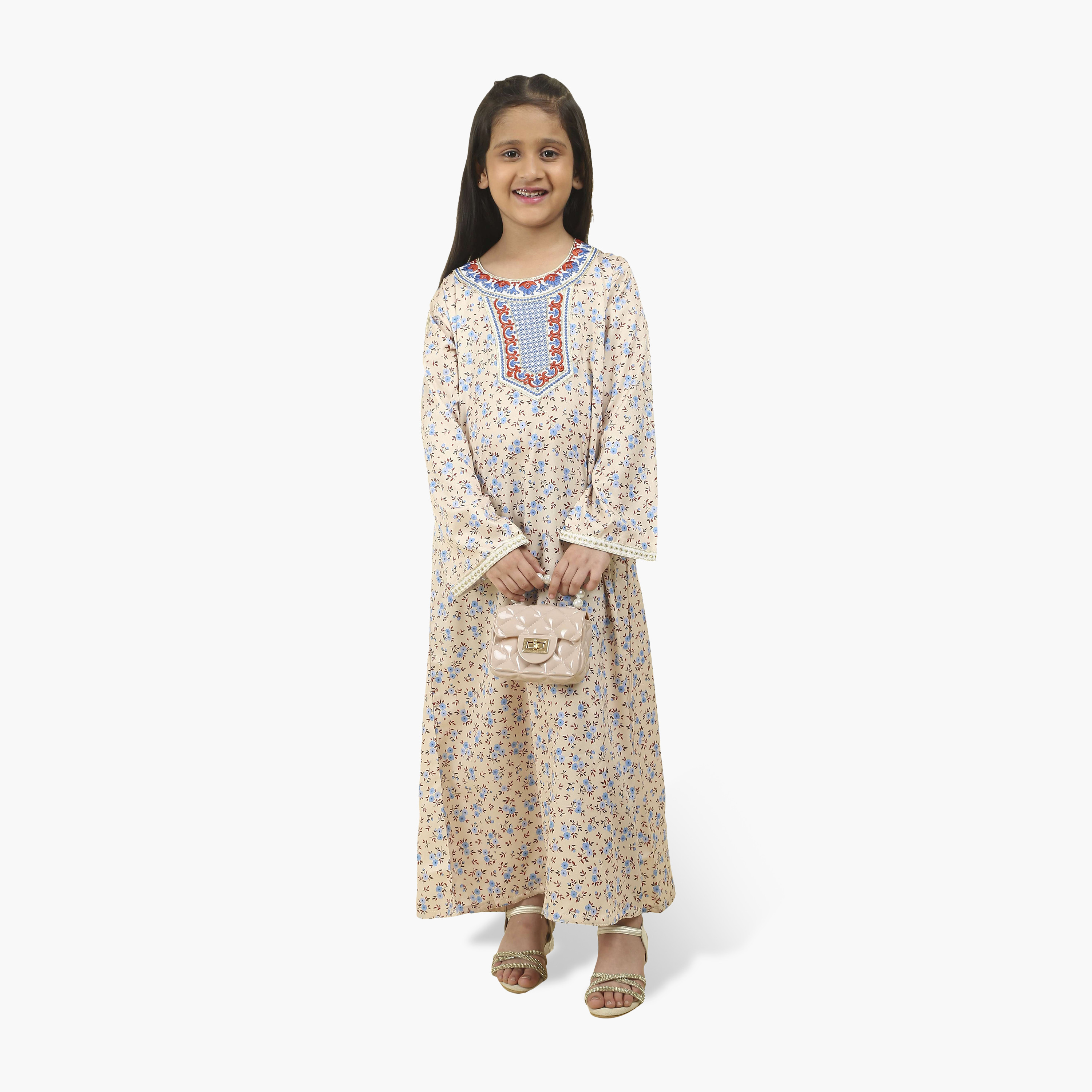 جلابية بناتي قماش ساتان بصدرية مطرزة وطبعة زهور من هنا أند سارة-girls-arabicclothing-jalabiyas-image-9