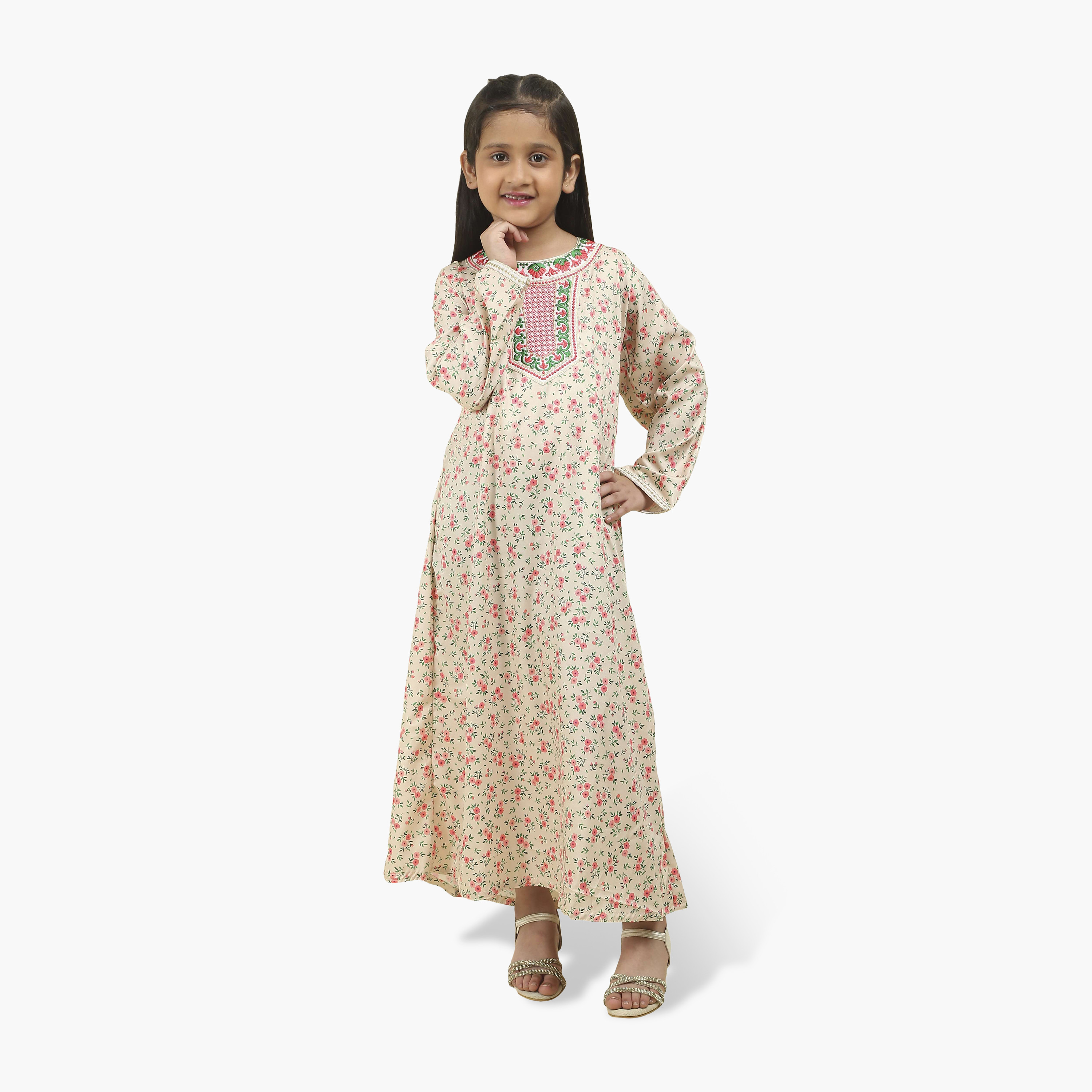 جلابية بناتي قماش ساتان بصدرية مطرزة وطبعة زهور من هنا أند سارة-girls-arabicclothing-jalabiyas-image-1