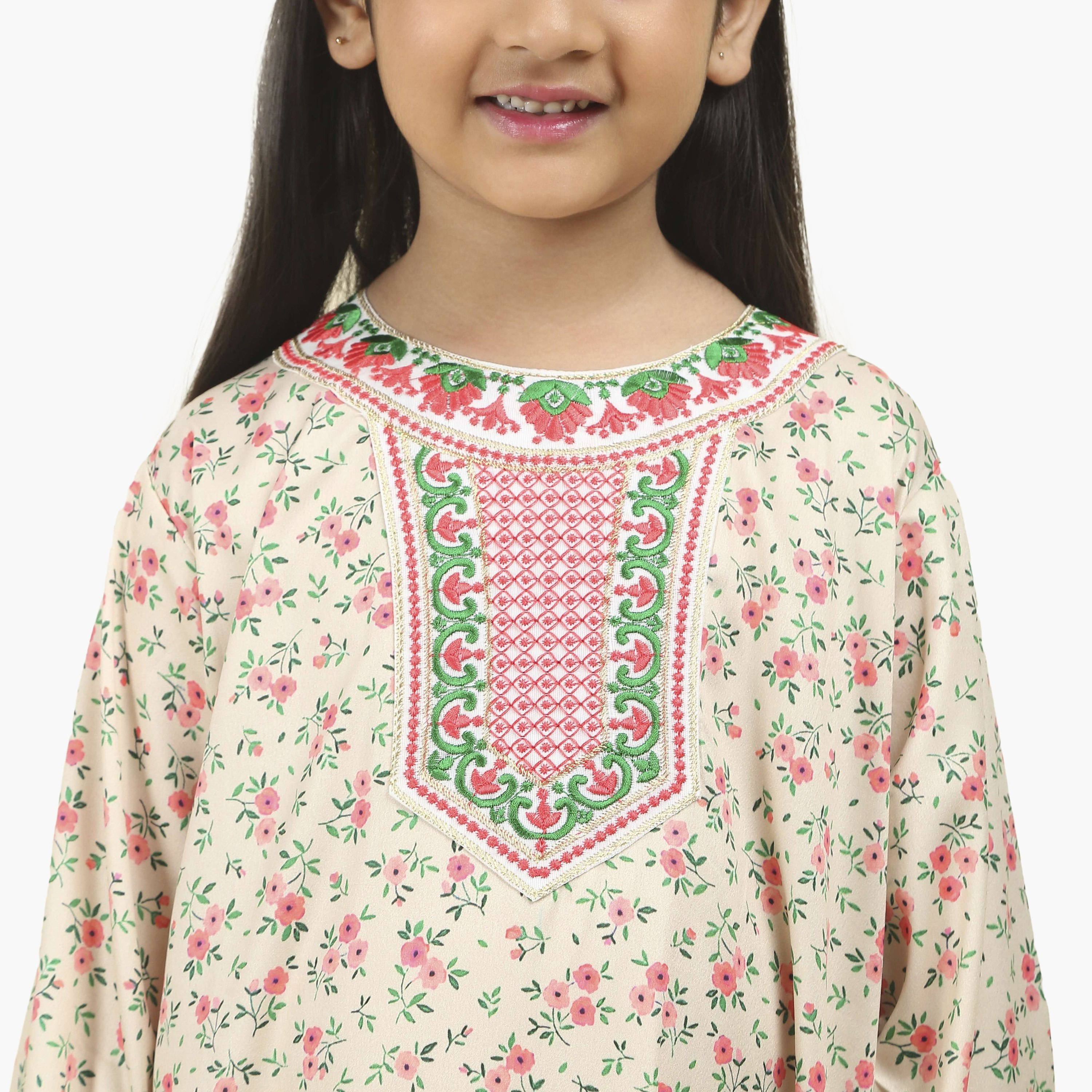 جلابية بناتي قماش ساتان بصدرية مطرزة وطبعة زهور من هنا أند سارة-girls-arabicclothing-jalabiyas-image-3