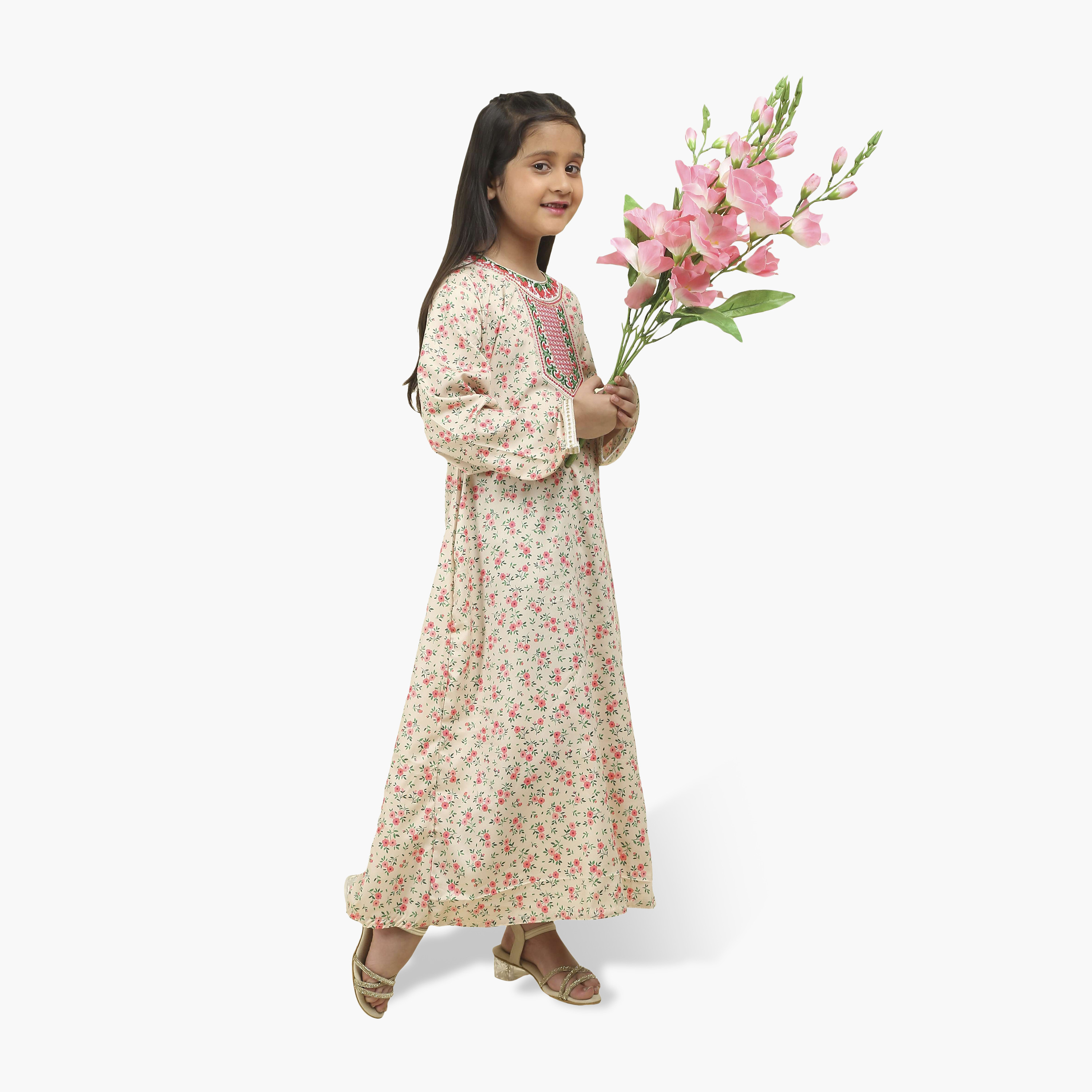 HanaandSara Embroidered Yoke Floral Print Satin Girls Jalabiya-girls-arabicclothing-jalabiyas-image-4