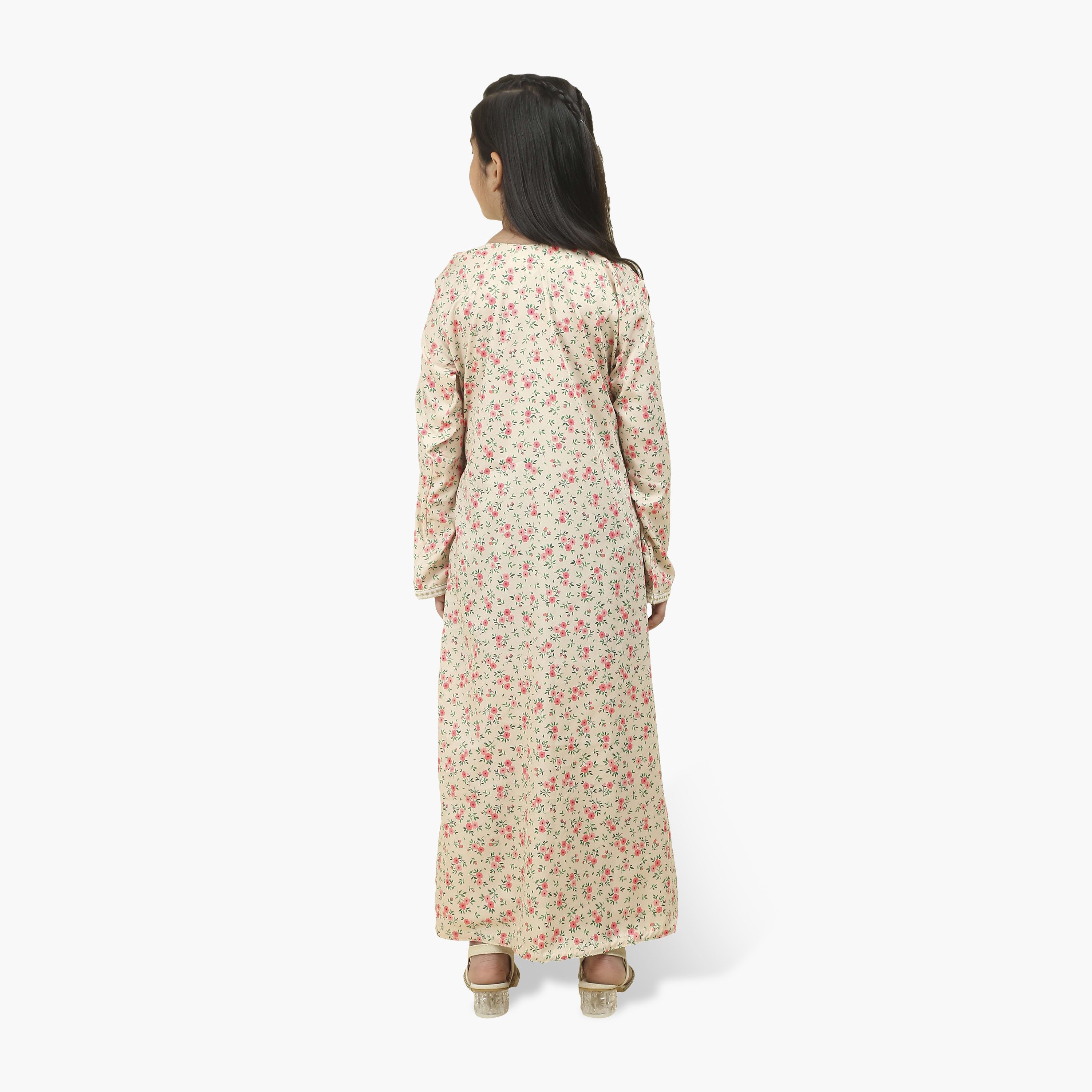 HanaandSara Embroidered Yoke Floral Print Satin Girls Jalabiya-girls-arabicclothing-jalabiyas-image-5