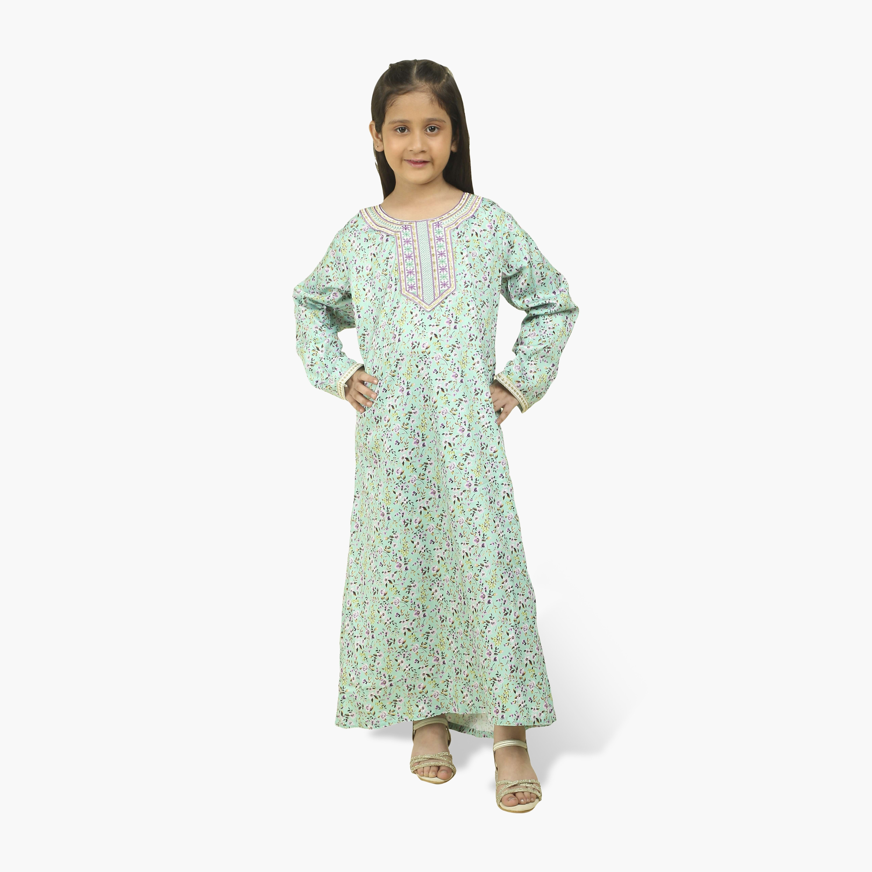 HanaandSara Embroidered Yoke Floral Print Girls Jalabiya-girls-arabicclothing-jalabiyas-image-6