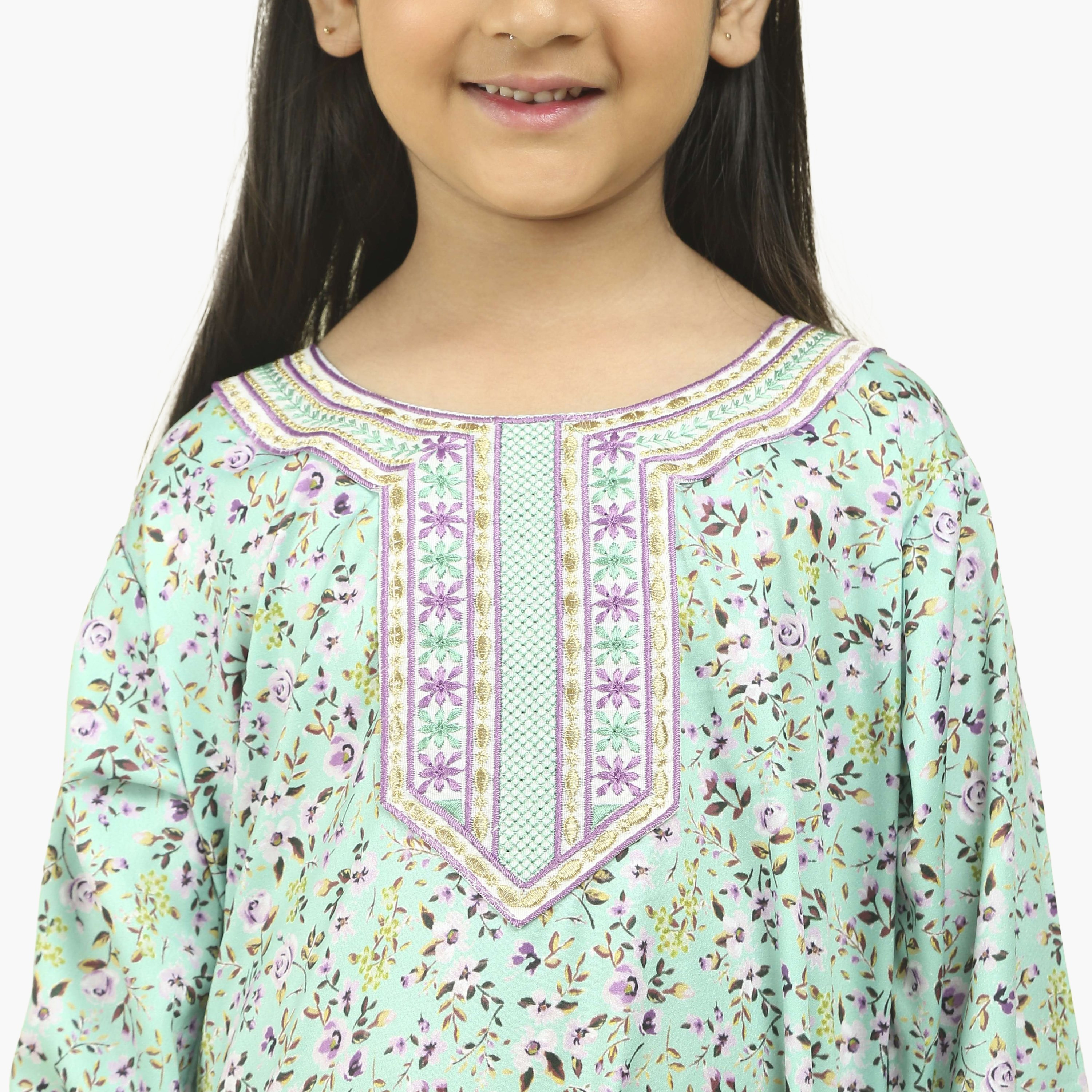 HanaandSara Embroidered Yoke Floral Print Girls Jalabiya-girls-arabicclothing-jalabiyas-image-3