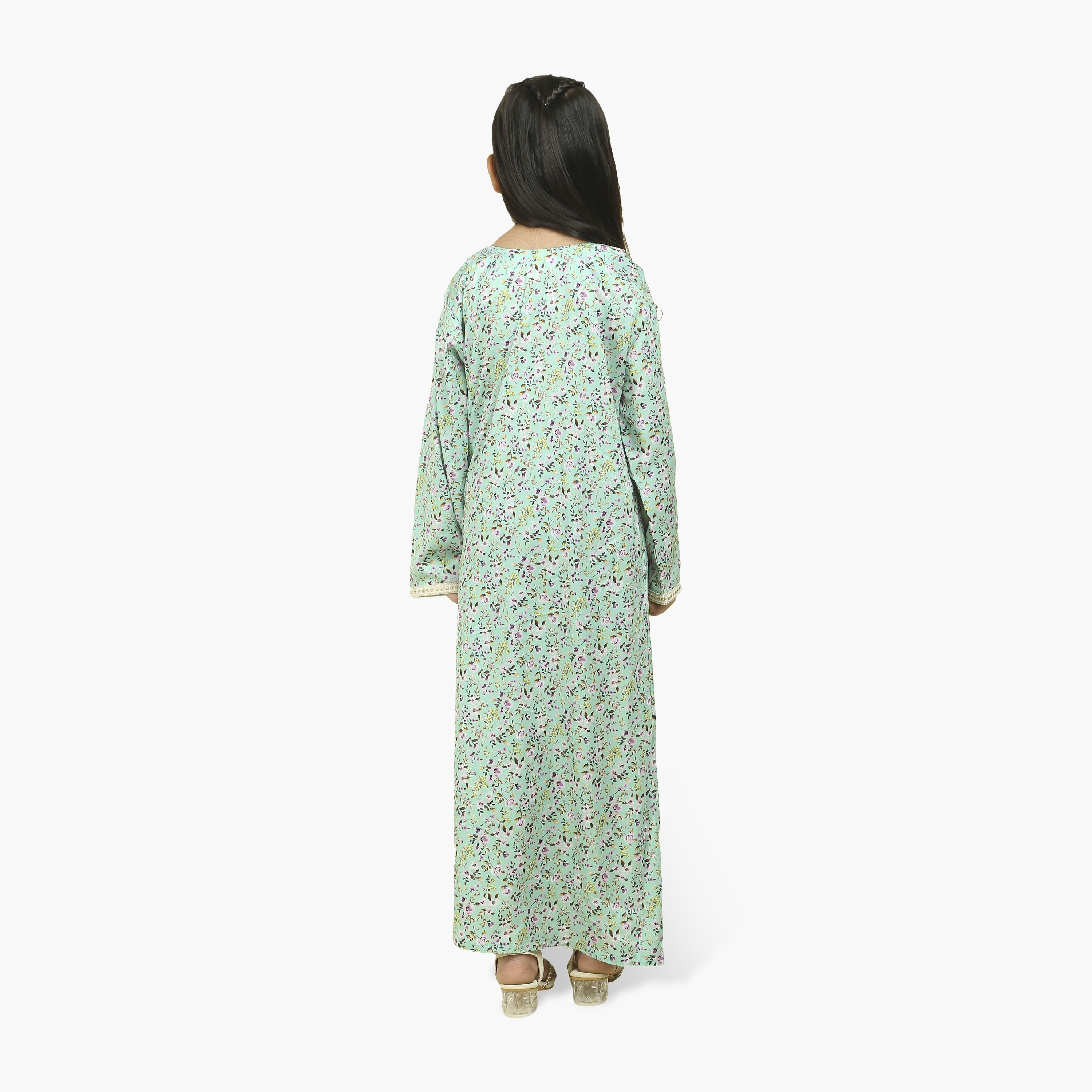 HanaandSara Embroidered Yoke Floral Print Girls Jalabiya-girls-arabicclothing-jalabiyas-image-5