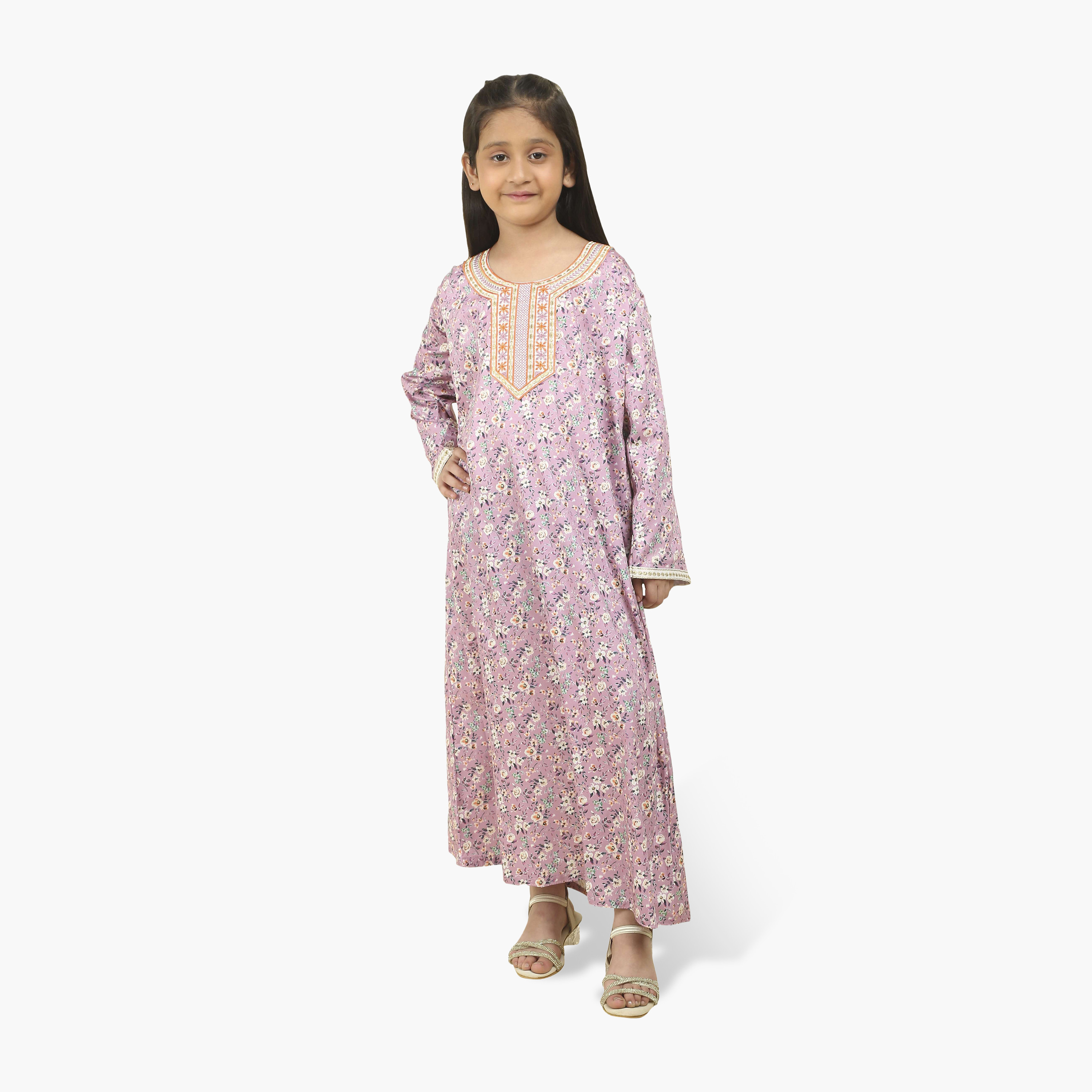 HanaandSara Embroidered Yoke Floral Print Girls Jalabiya-girls-arabicclothing-jalabiyas-image-11