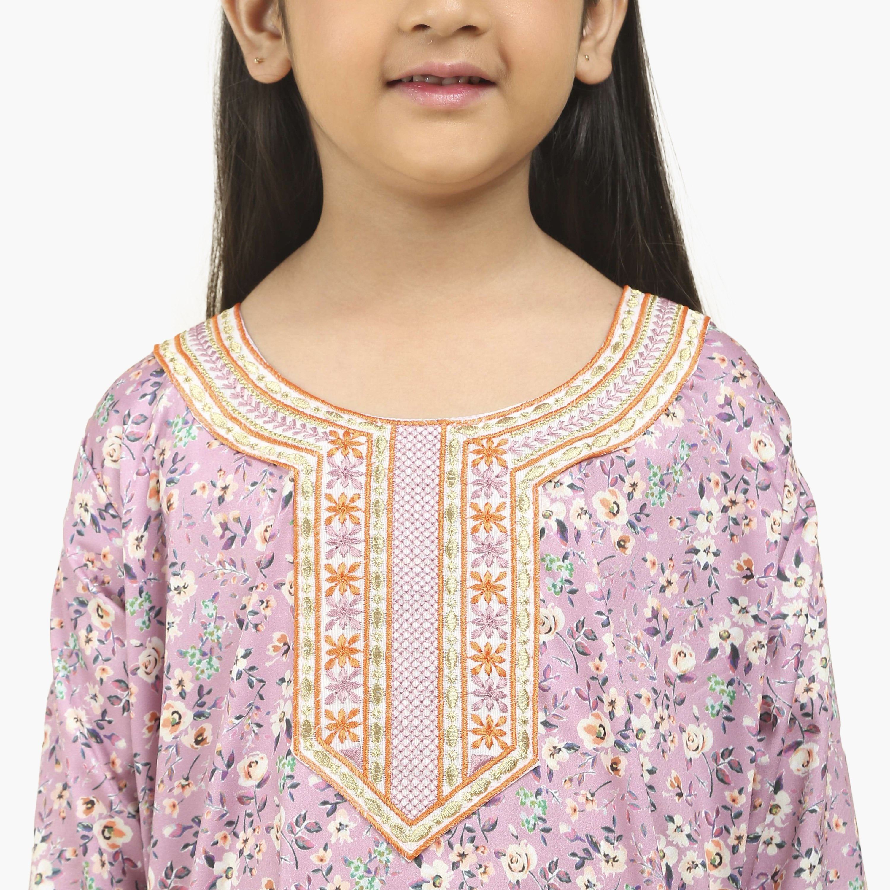 HanaandSara Embroidered Yoke Floral Print Girls Jalabiya-girls-arabicclothing-jalabiyas-image-13