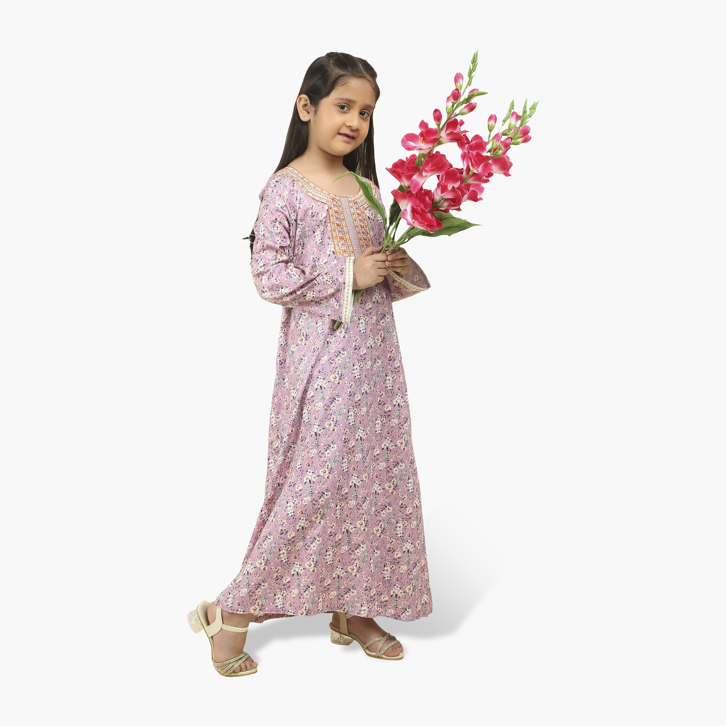 HanaandSara Embroidered Yoke Floral Print Girls Jalabiya-girls-arabicclothing-jalabiyas-image-14