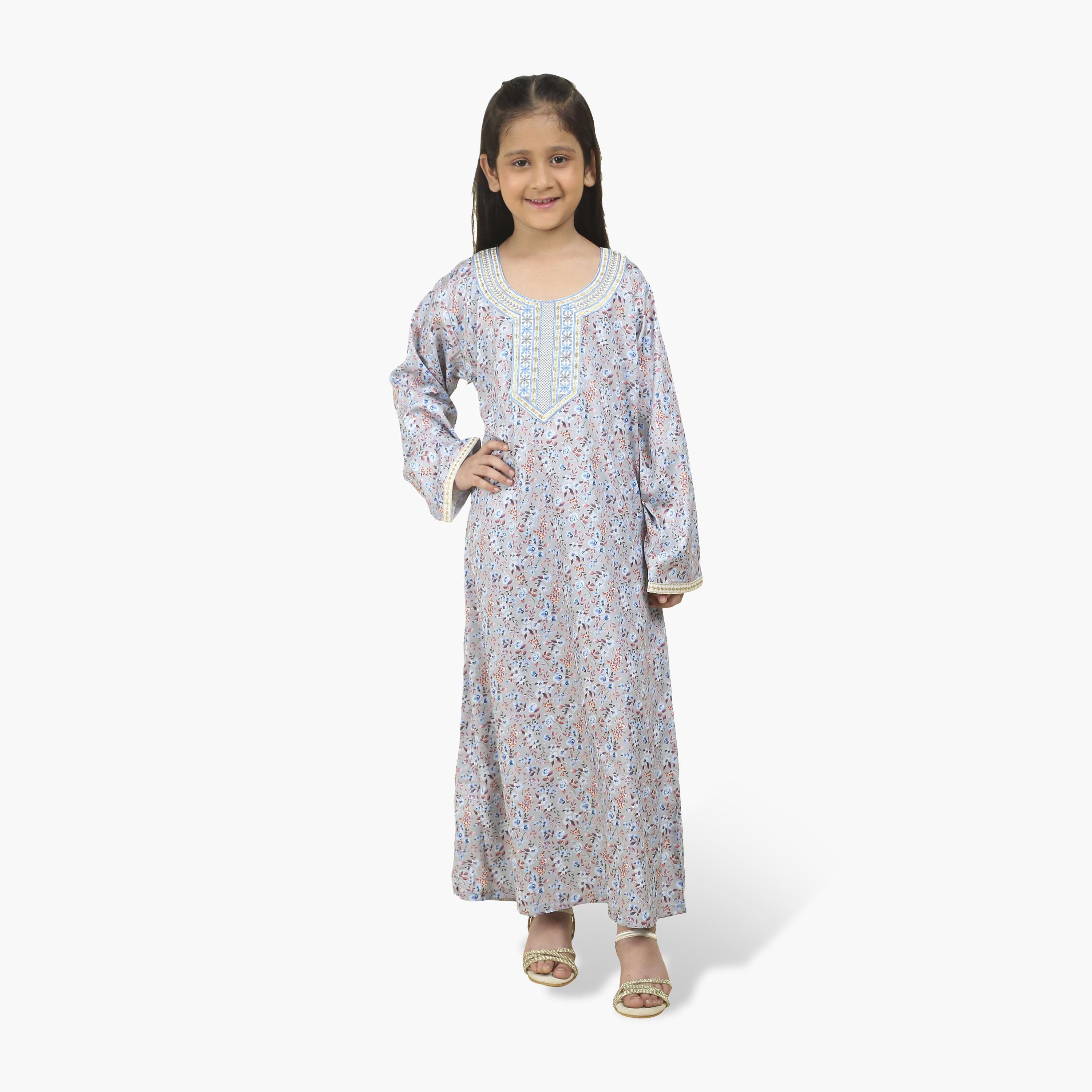 HanaandSara Embroidered Yoke Floral Print Girls Jalabiya-girls-arabicclothing-jalabiyas-image-1