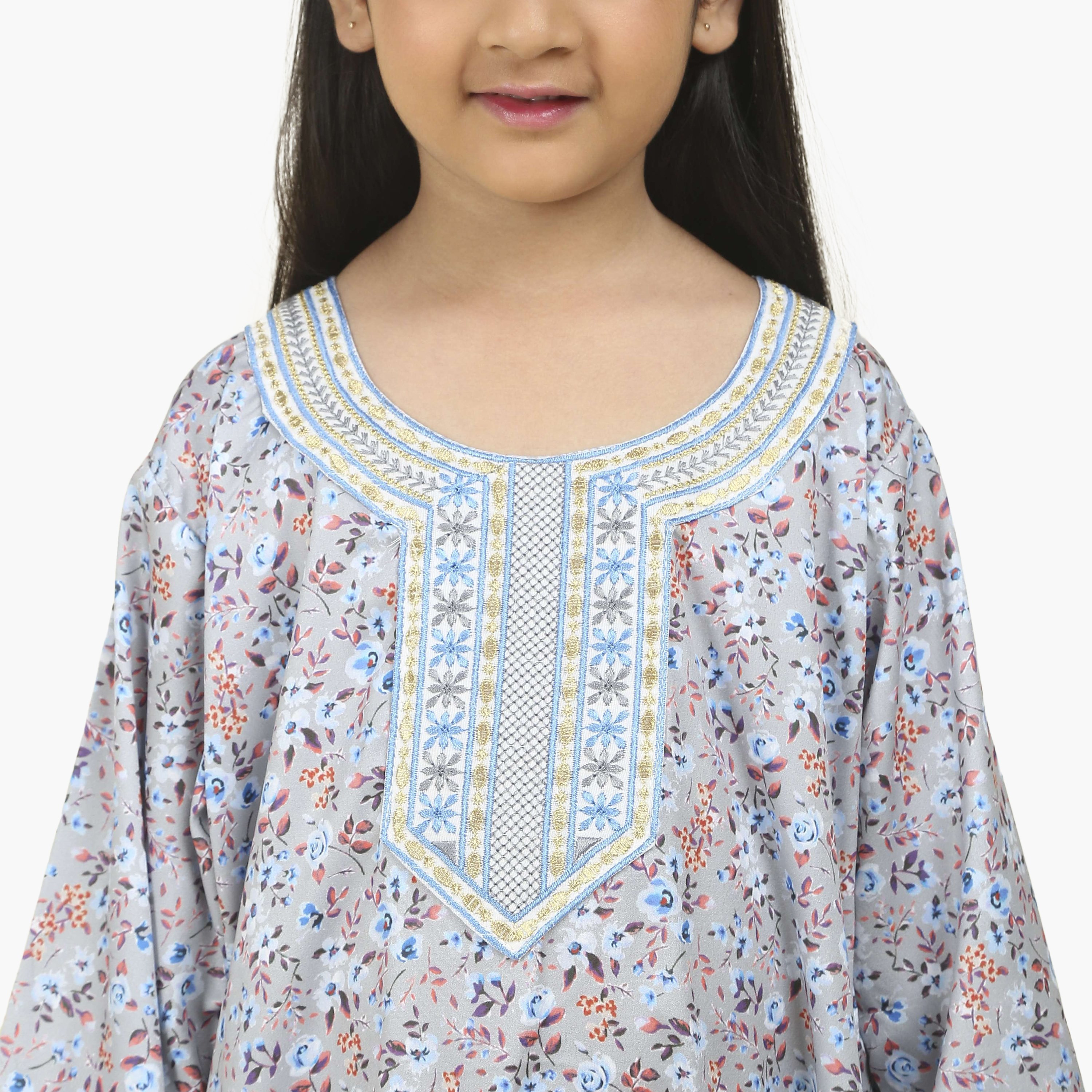 HanaandSara Embroidered Yoke Floral Print Girls Jalabiya-girls-arabicclothing-jalabiyas-image-3