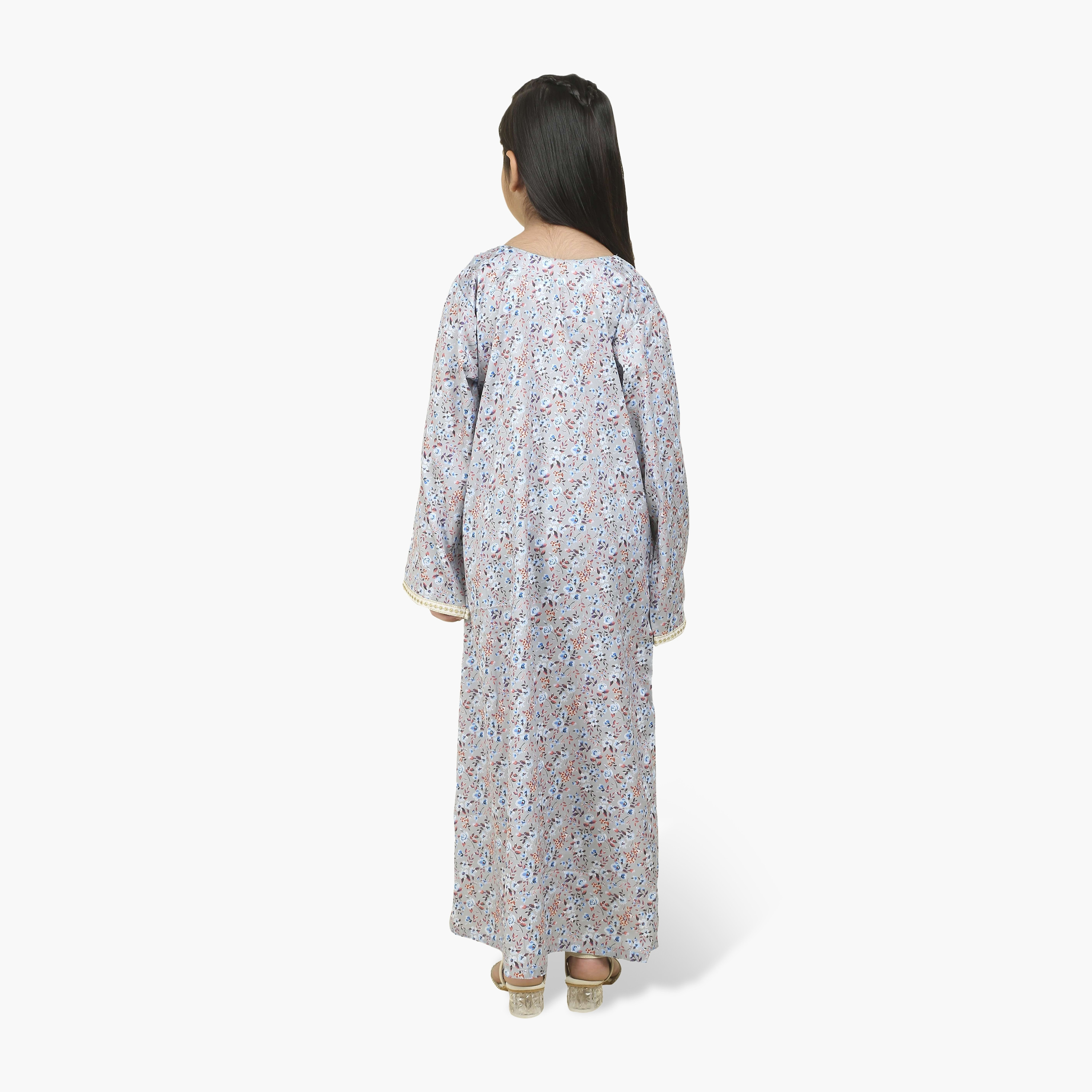 HanaandSara Embroidered Yoke Floral Print Girls Jalabiya-girls-arabicclothing-jalabiyas-image-5