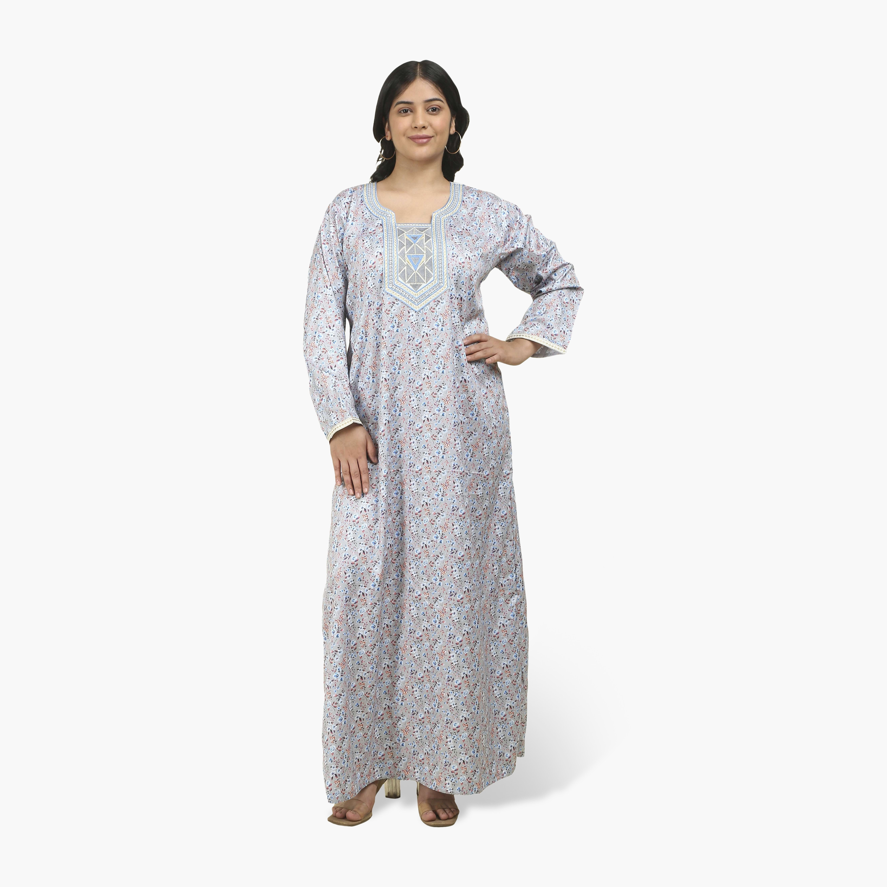 جلابية نسائية قماش ساتان بصدرية مطرزة وطبعة زهور من هنا أند سارة-women-arabicclothing-jalabiyas-image-14
