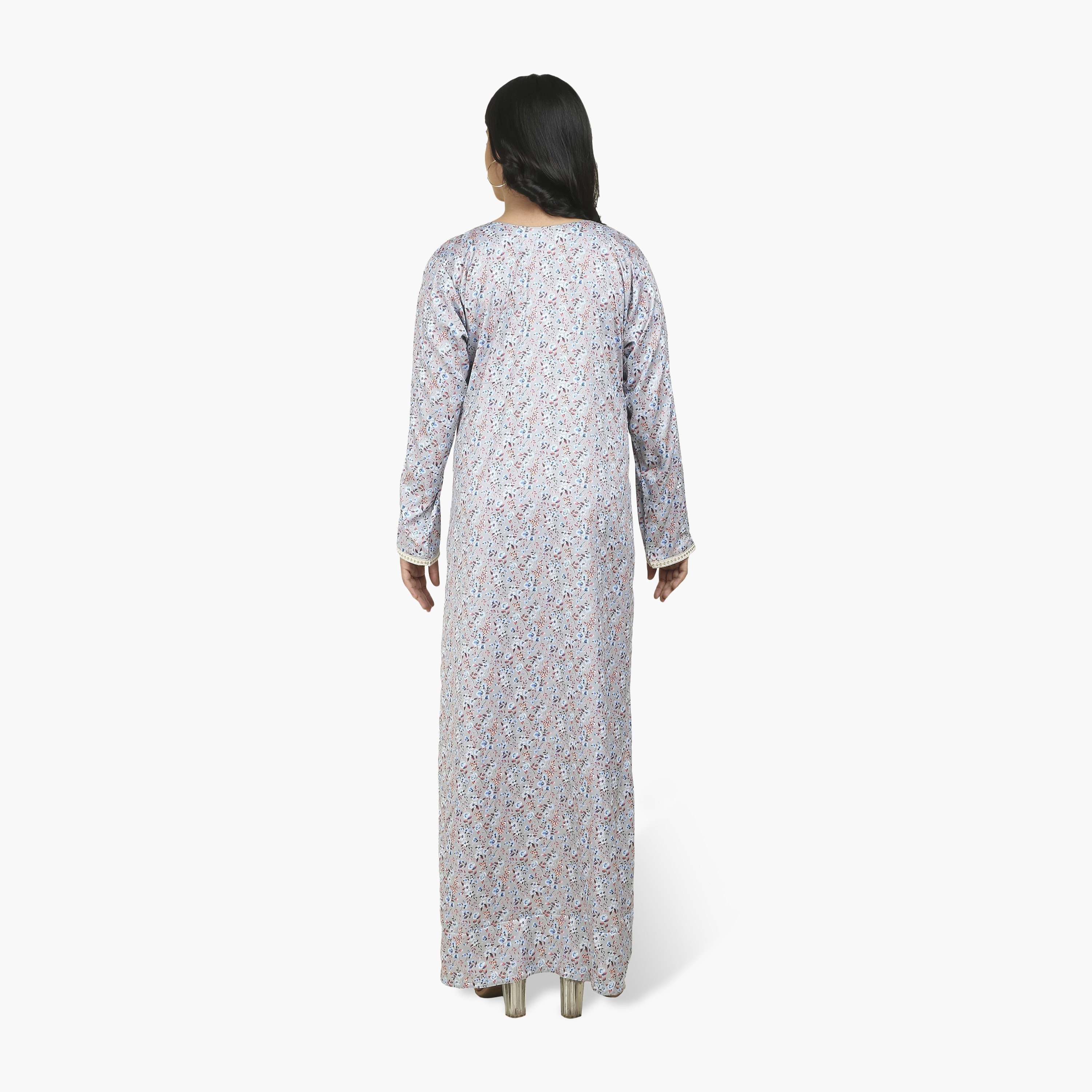 جلابية نسائية قماش ساتان بصدرية مطرزة وطبعة زهور من هنا أند سارة-women-arabicclothing-jalabiyas-image-15