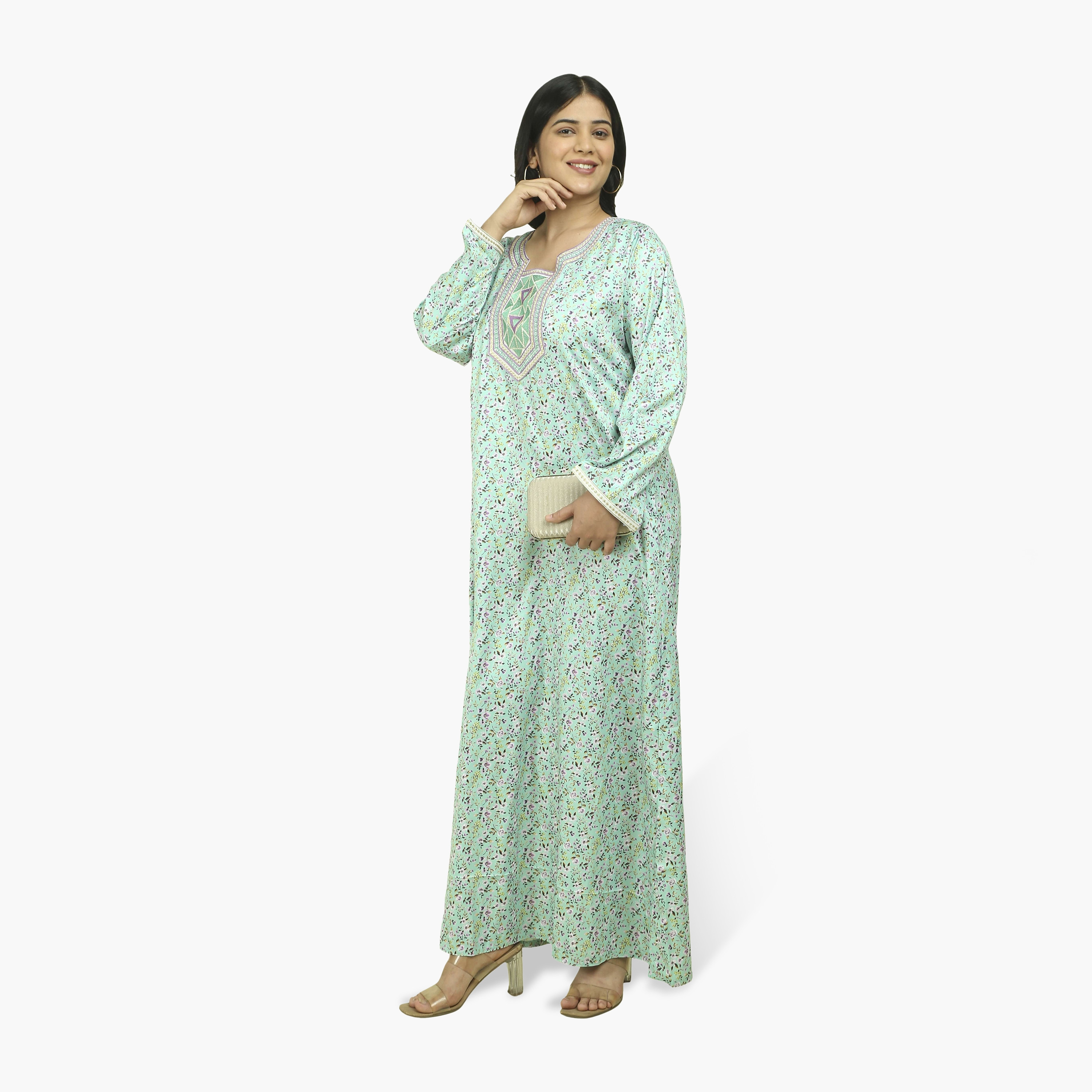 جلابية نسائية قماش ساتان بصدرية مطرزة وطبعة زهور من هنا أند سارة-women-arabicclothing-jalabiyas-image-6