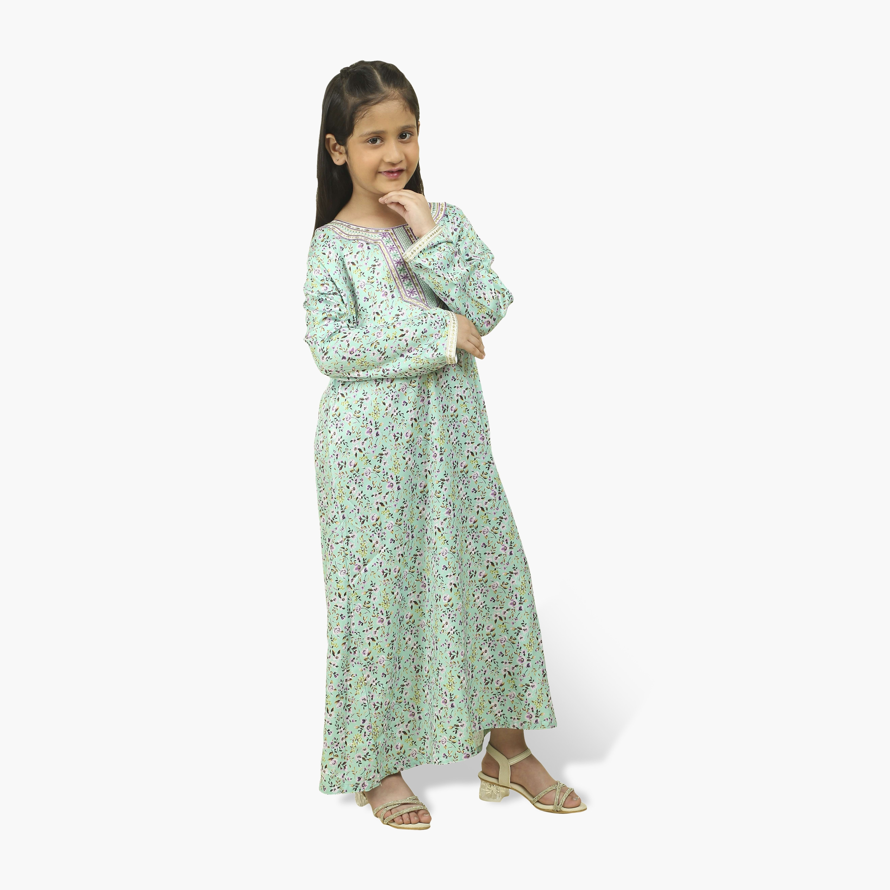 جلابية نسائية قماش ساتان بصدرية مطرزة وطبعة زهور من هنا أند سارة-women-arabicclothing-jalabiyas-image-10