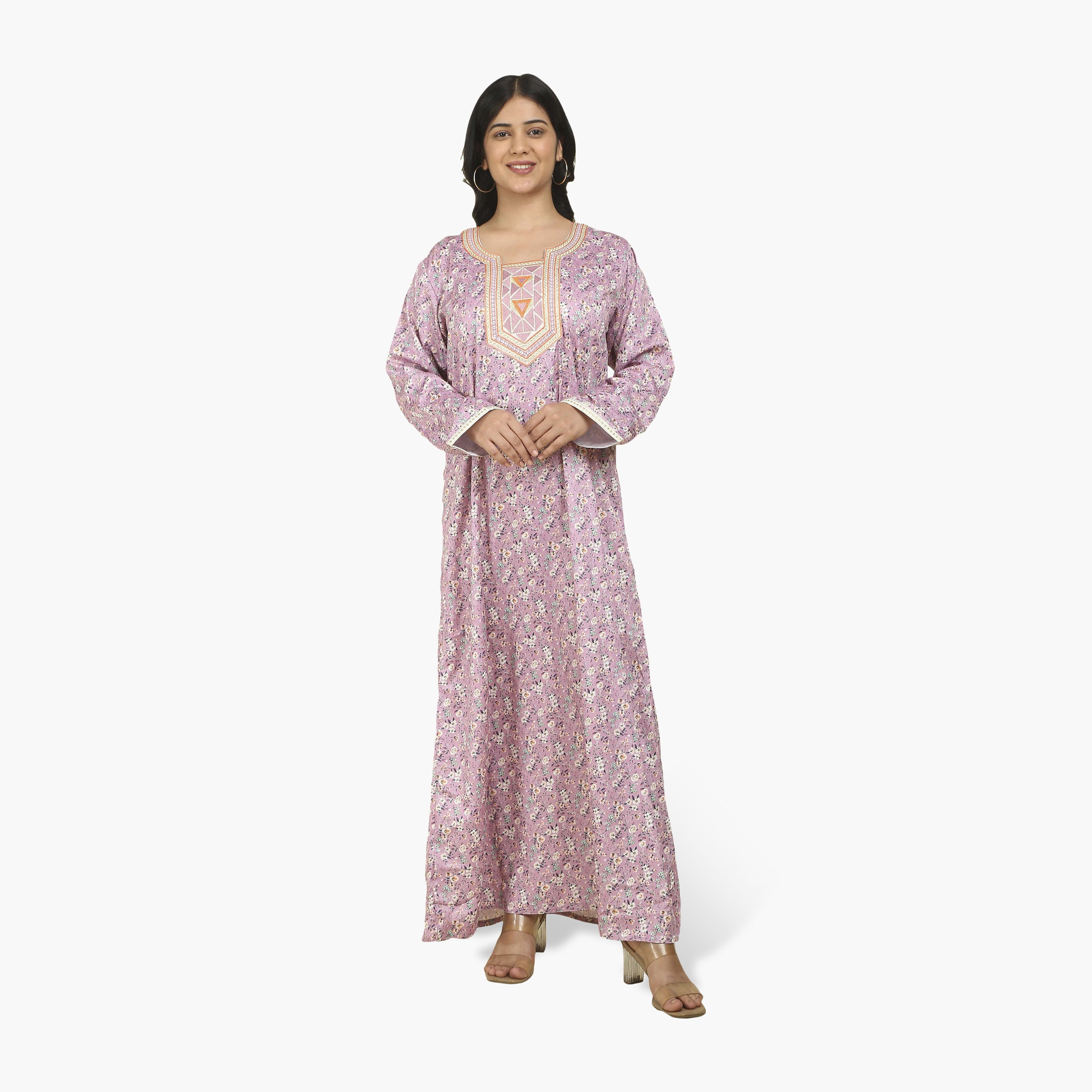 جلابية نسائية قماش ساتان بصدرية مطرزة وطبعة زهور من هنا أند سارة-women-arabicclothing-jalabiyas-image-1