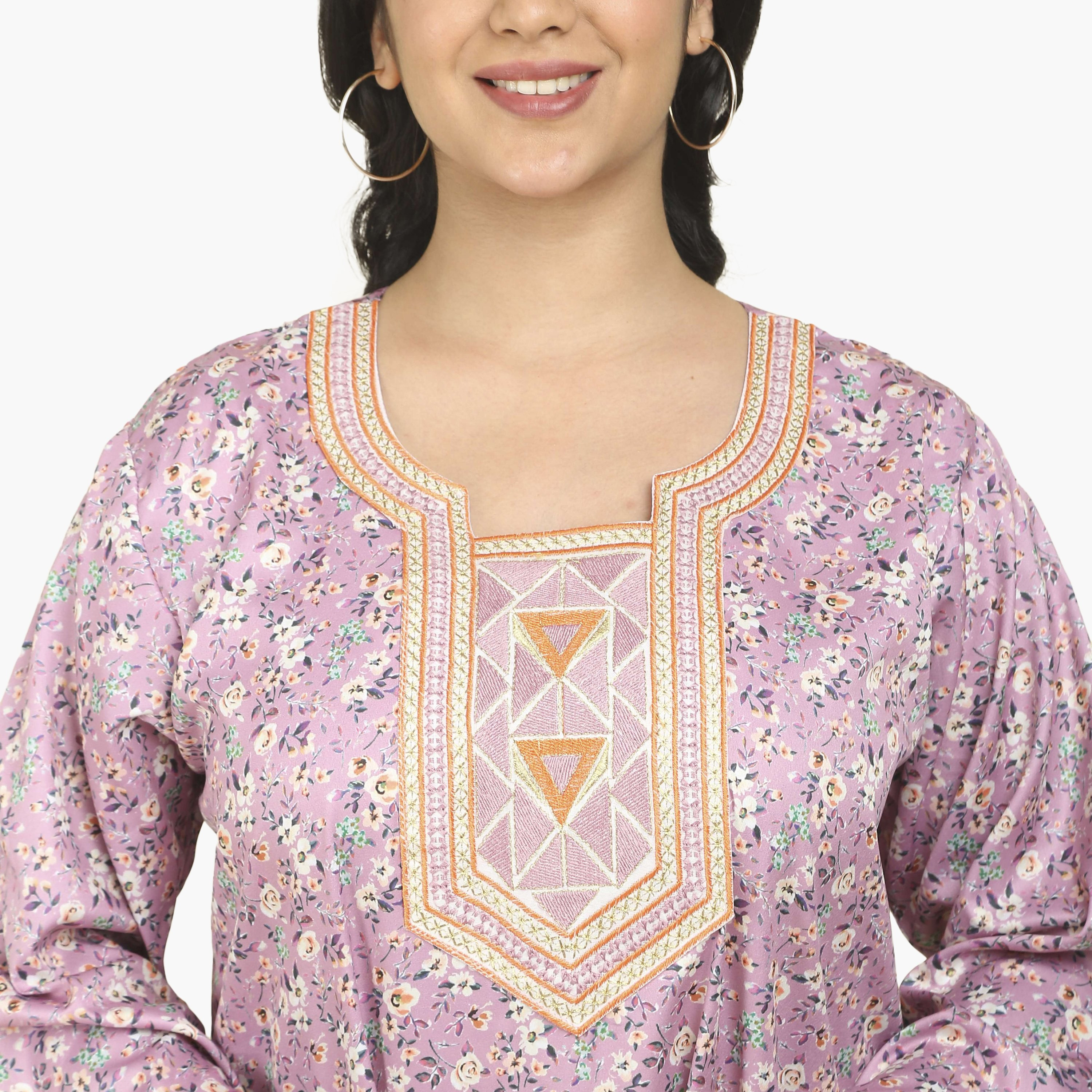 جلابية نسائية قماش ساتان بصدرية مطرزة وطبعة زهور من هنا أند سارة-women-arabicclothing-jalabiyas-image-3