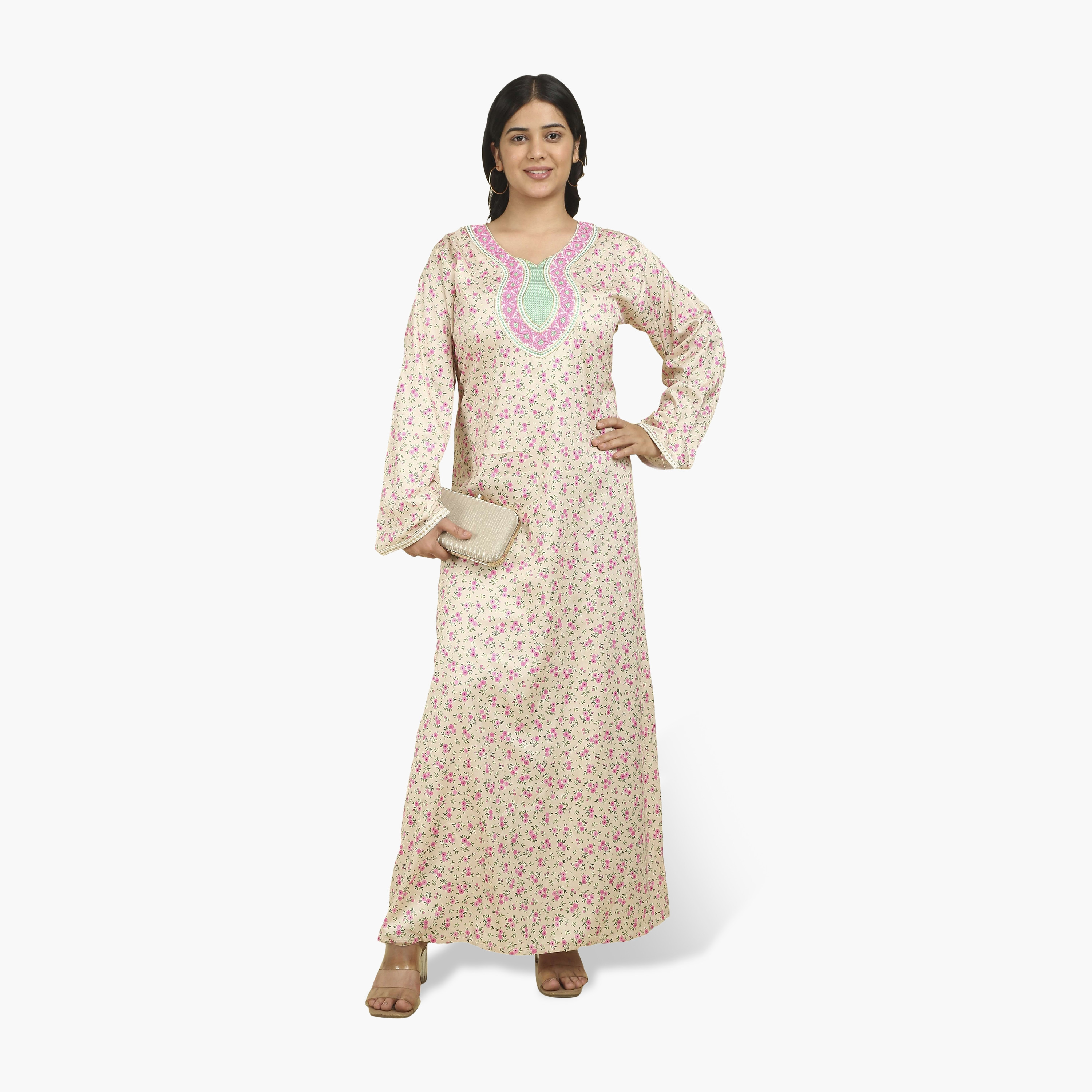 جلابية نسائية قماش ساتان بصدرية مطرزة وطبعة زهور من هنا أند سارة-women-arabicclothing-jalabiyas-image-1