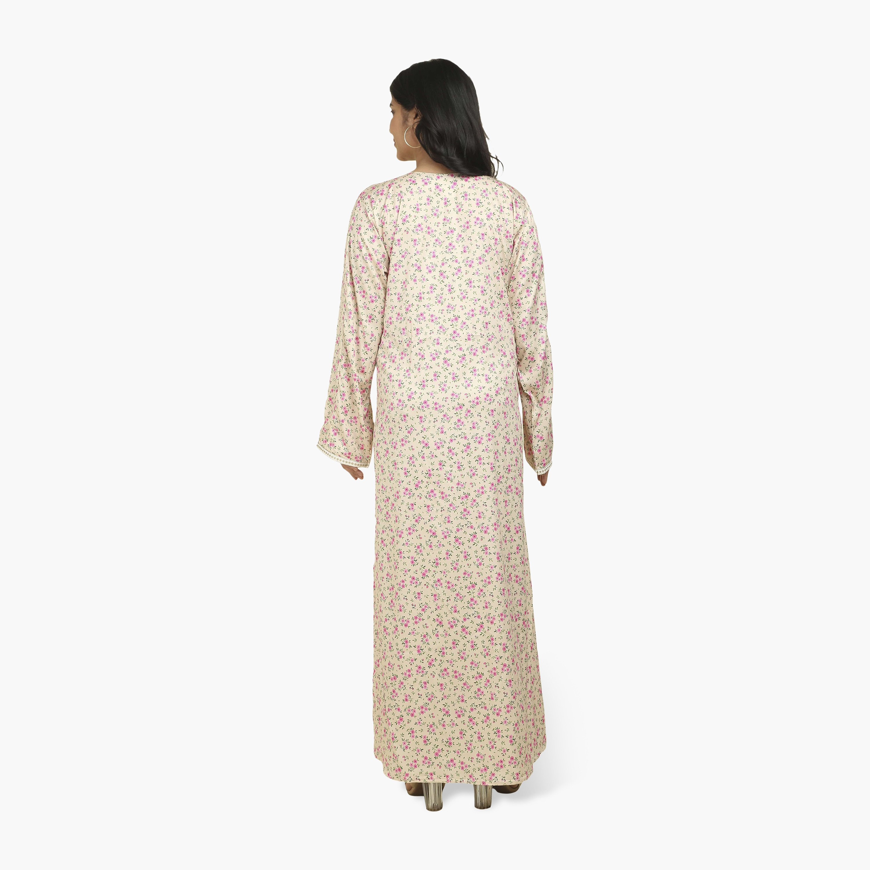 جلابية نسائية قماش ساتان بصدرية مطرزة وطبعة زهور من هنا أند سارة-women-arabicclothing-jalabiyas-image-5