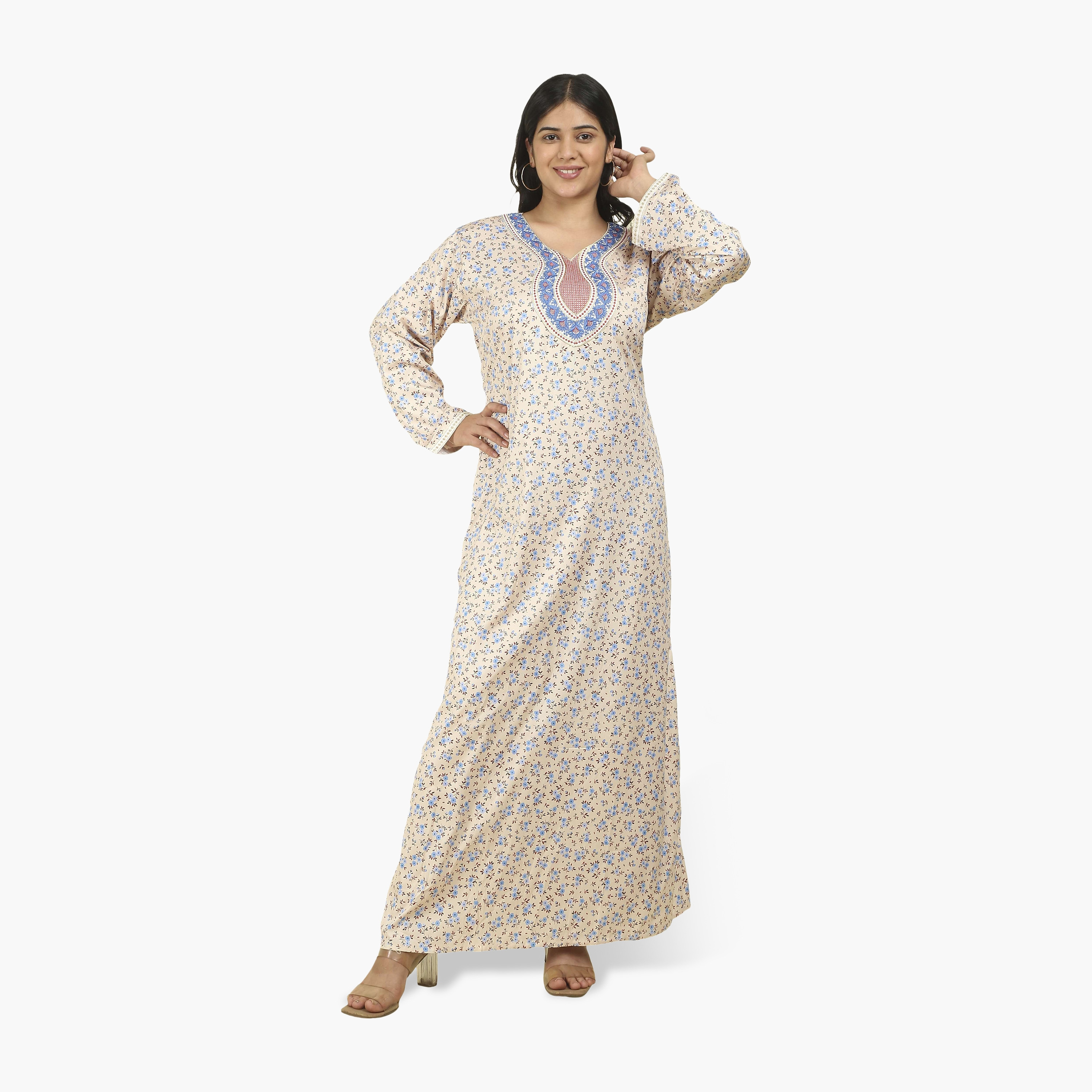 جلابية نسائية قماش ساتان بصدرية مطرزة وطبعة زهور من هنا أند سارة-women-arabicclothing-jalabiyas-image-1