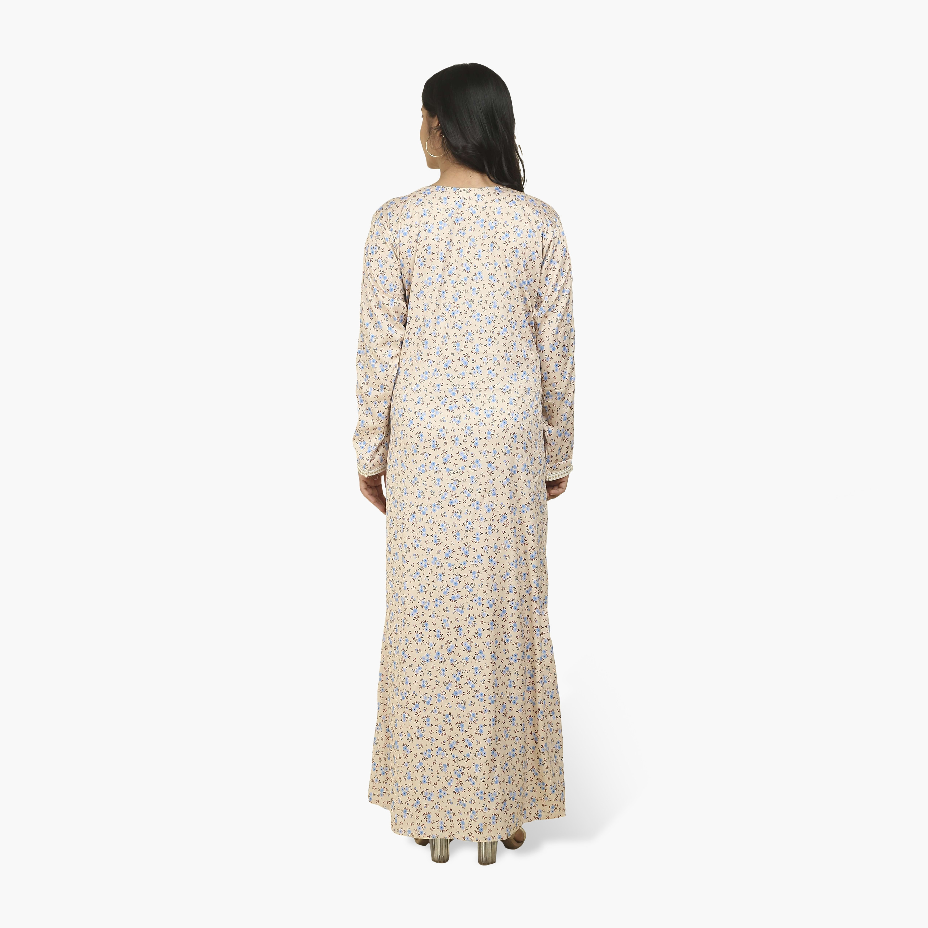 جلابية نسائية قماش ساتان بصدرية مطرزة وطبعة زهور من هنا أند سارة-women-arabicclothing-jalabiyas-image-10