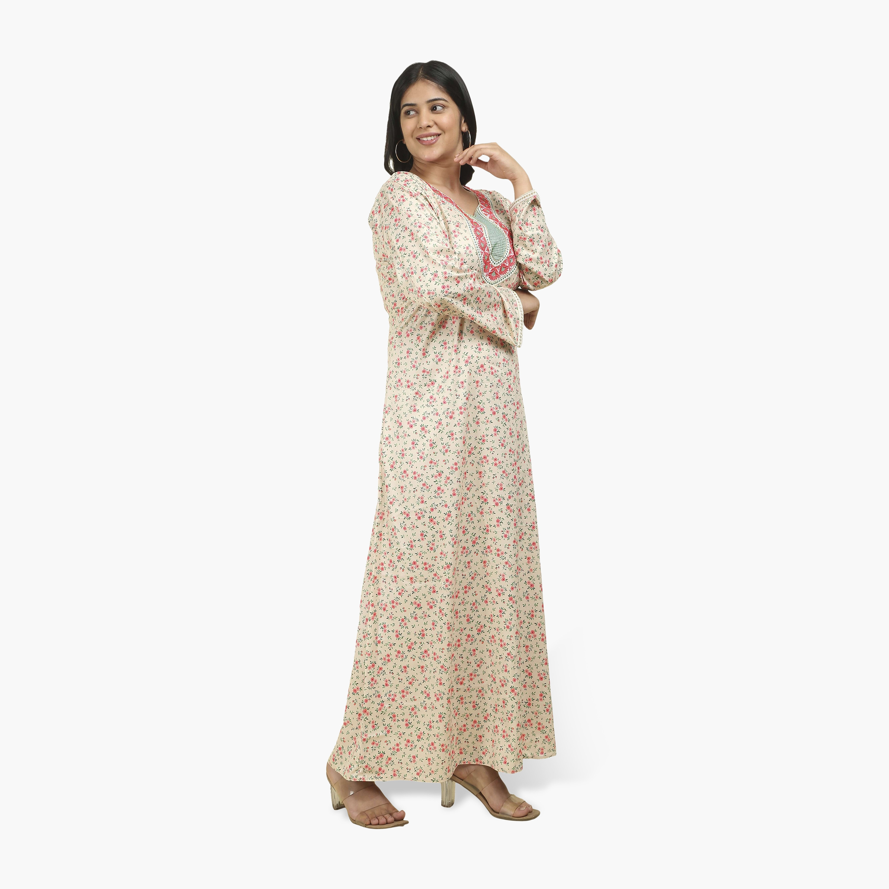 جلابية نسائية قماش ساتان بصدرية مطرزة وطبعة زهور من هنا أند سارة-women-arabicclothing-jalabiyas-image-14