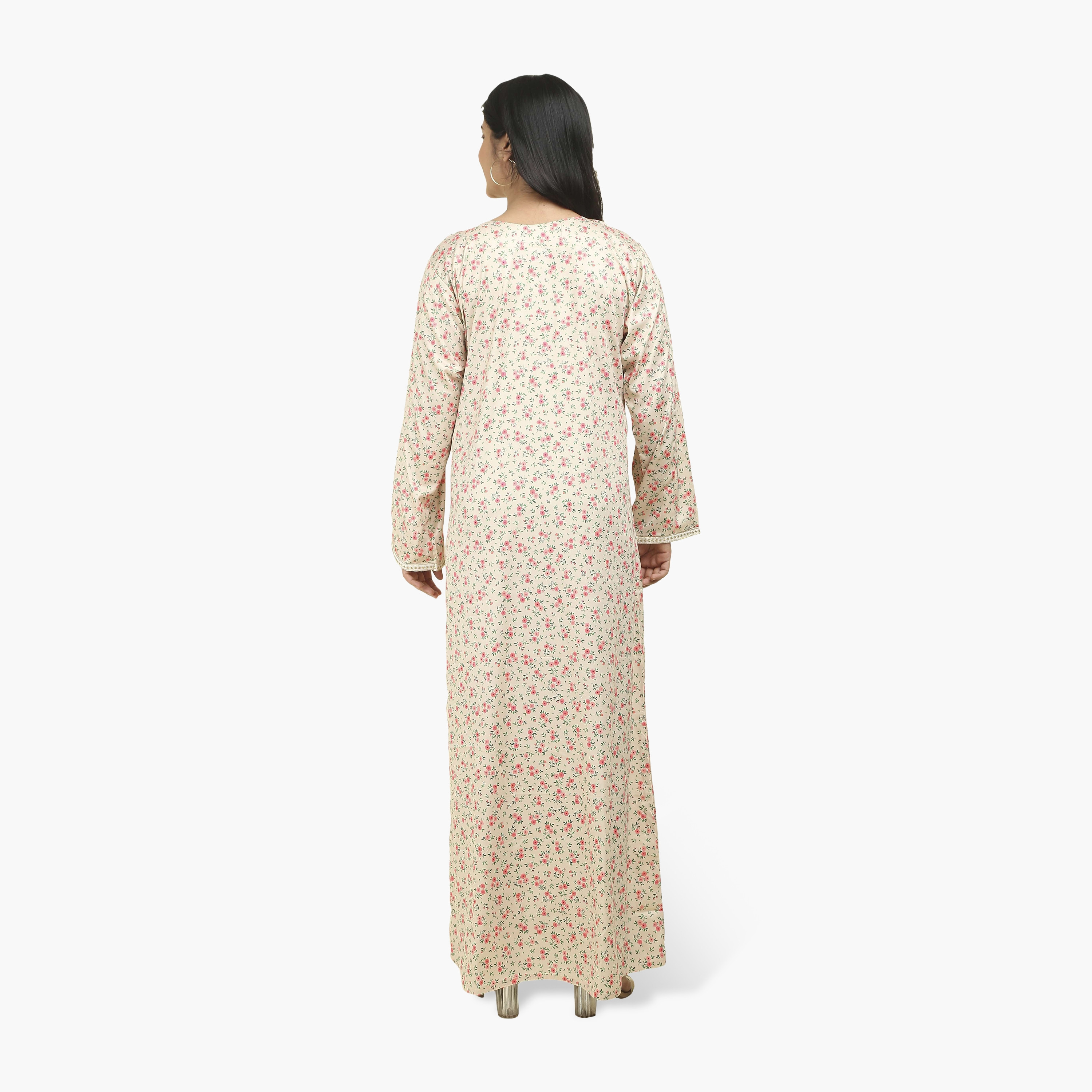 جلابية نسائية قماش ساتان بصدرية مطرزة وطبعة زهور من هنا أند سارة-women-arabicclothing-jalabiyas-image-5