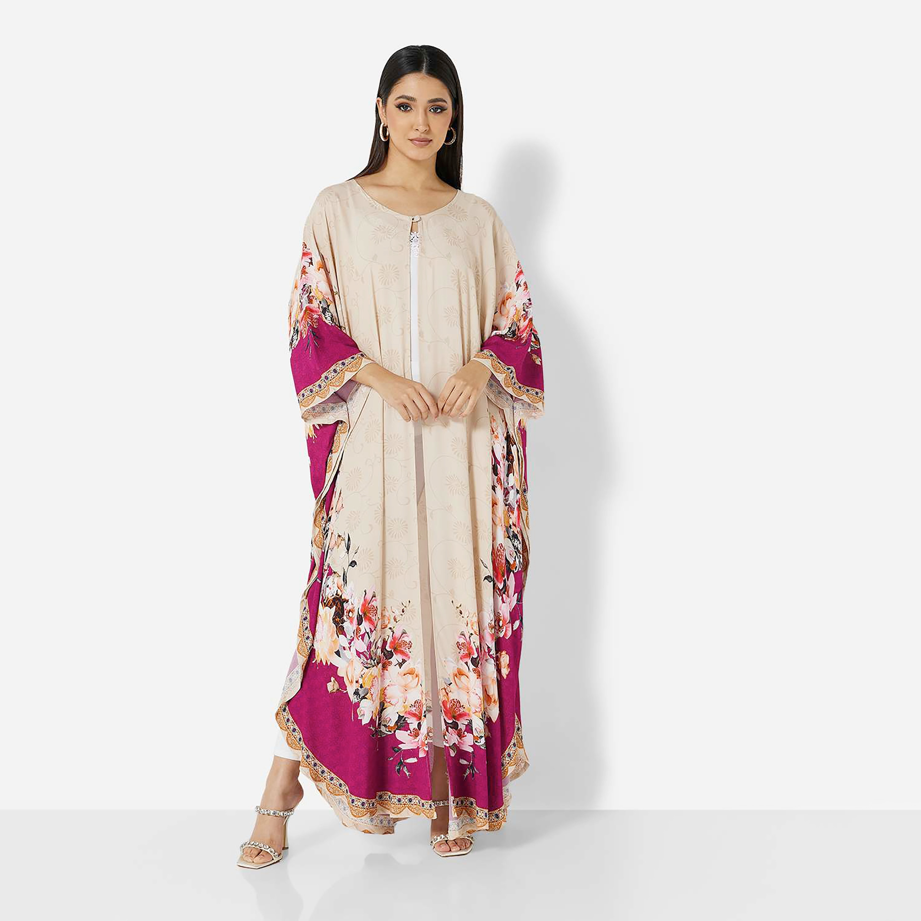 Hana & Sara Beige Floral Print Flared Sleeves Women's Jalabiya-women-clothing-dresses-image-1