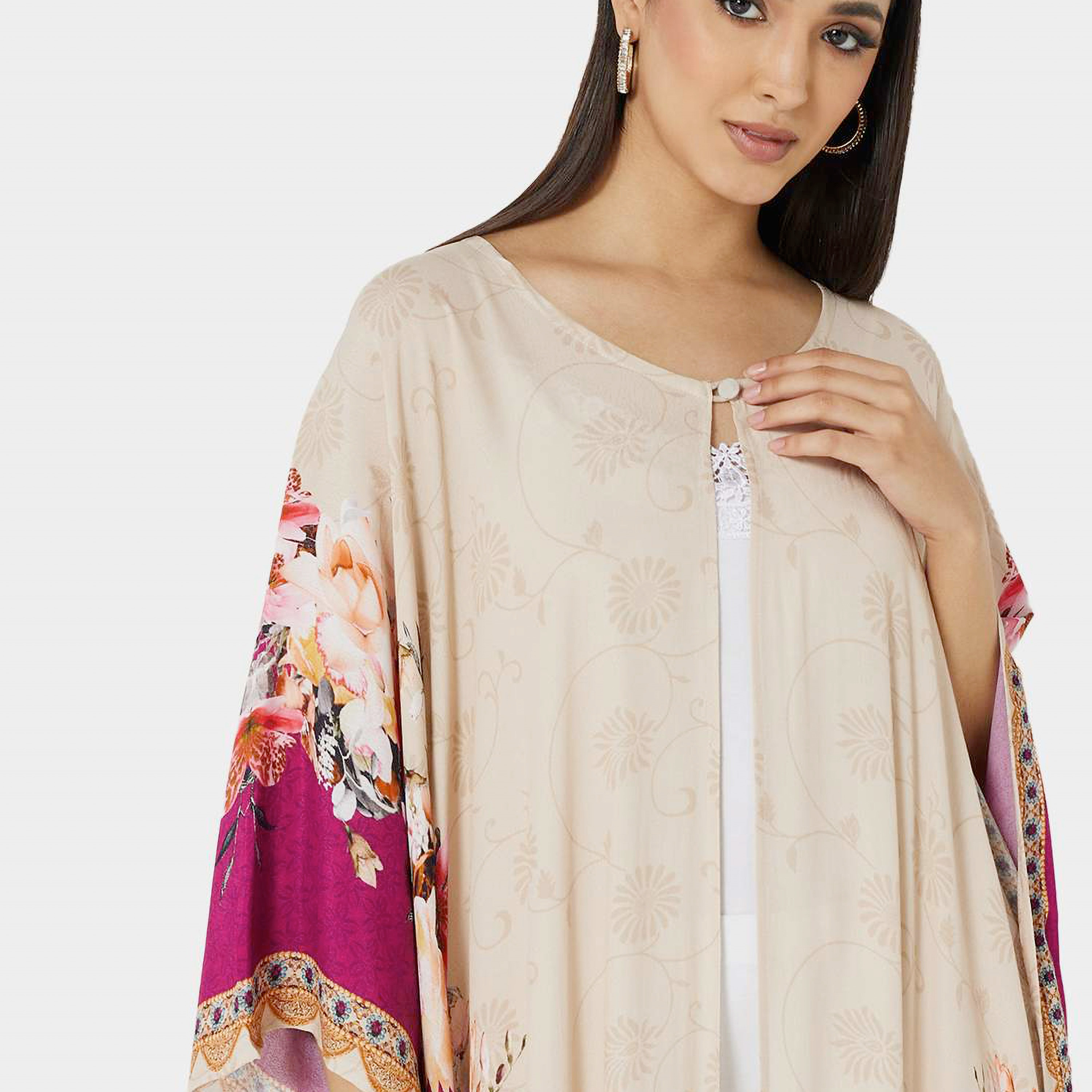 Hana & Sara Beige Floral Print Flared Sleeves Women's Jalabiya-women-clothing-dresses-image-2