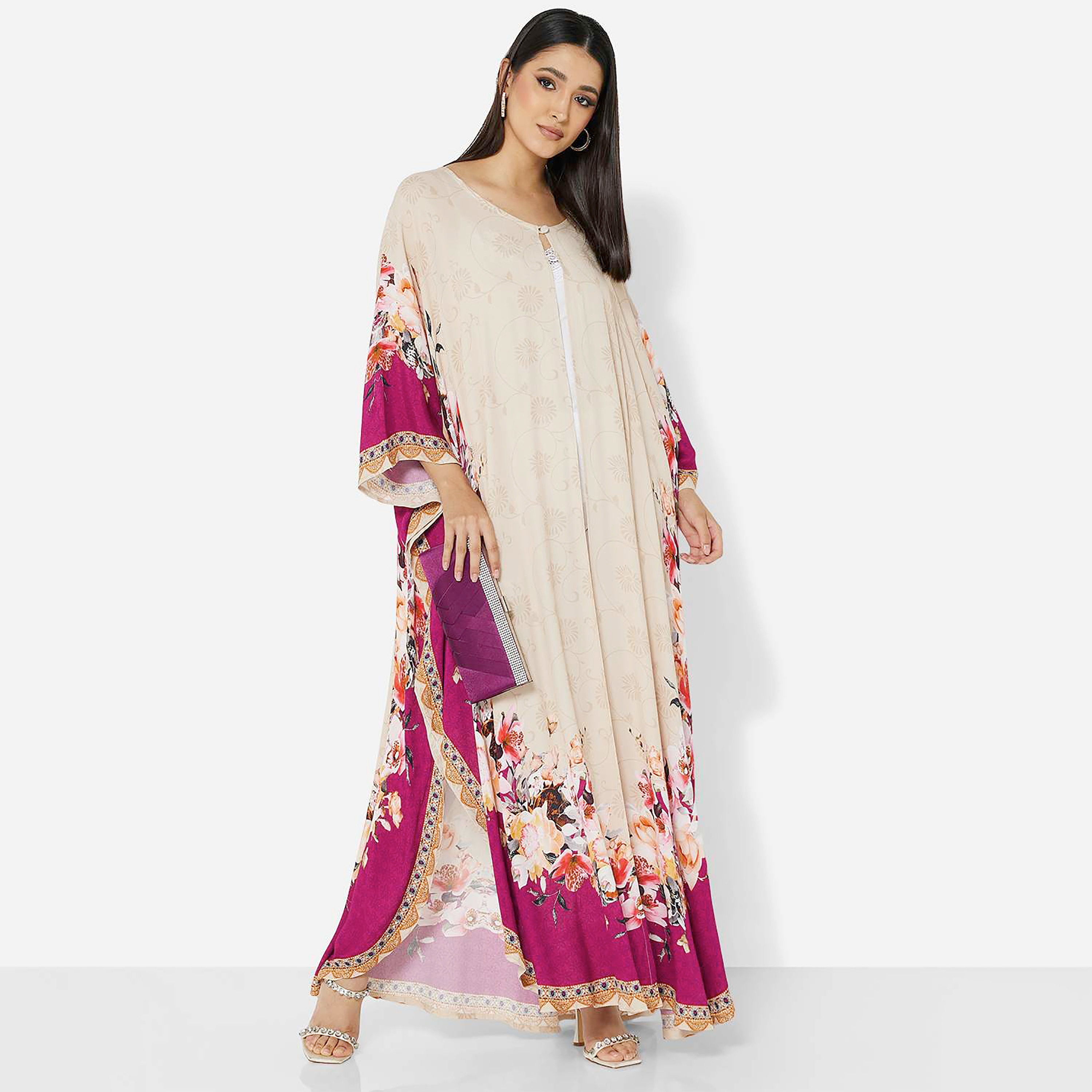 هناء وسارة جلابية نسائية بيج بطبعة زهور وأكمام واسعة-women-clothing-dresses-image-3