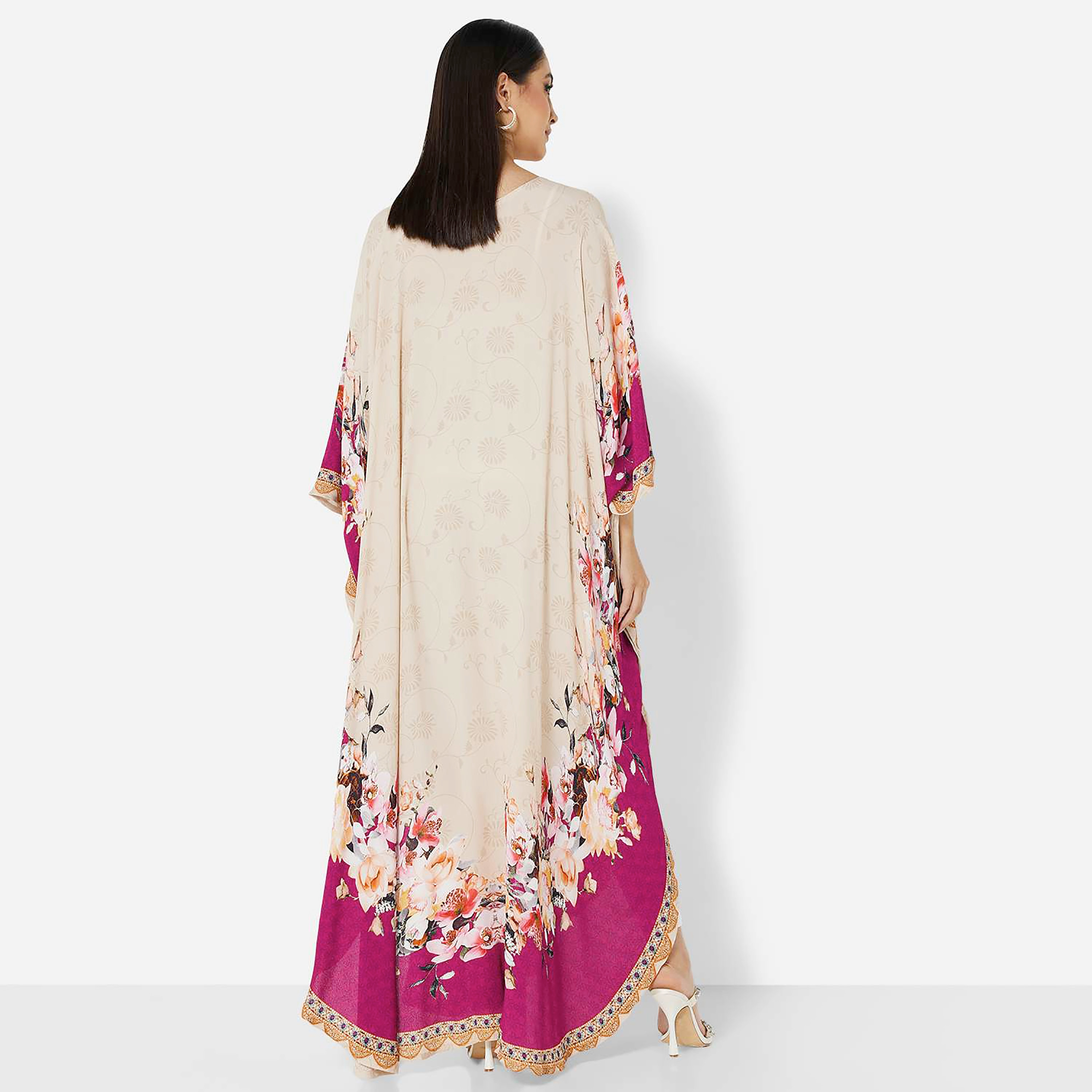 هناء وسارة جلابية نسائية بيج بطبعة زهور وأكمام واسعة-women-clothing-dresses-image-4