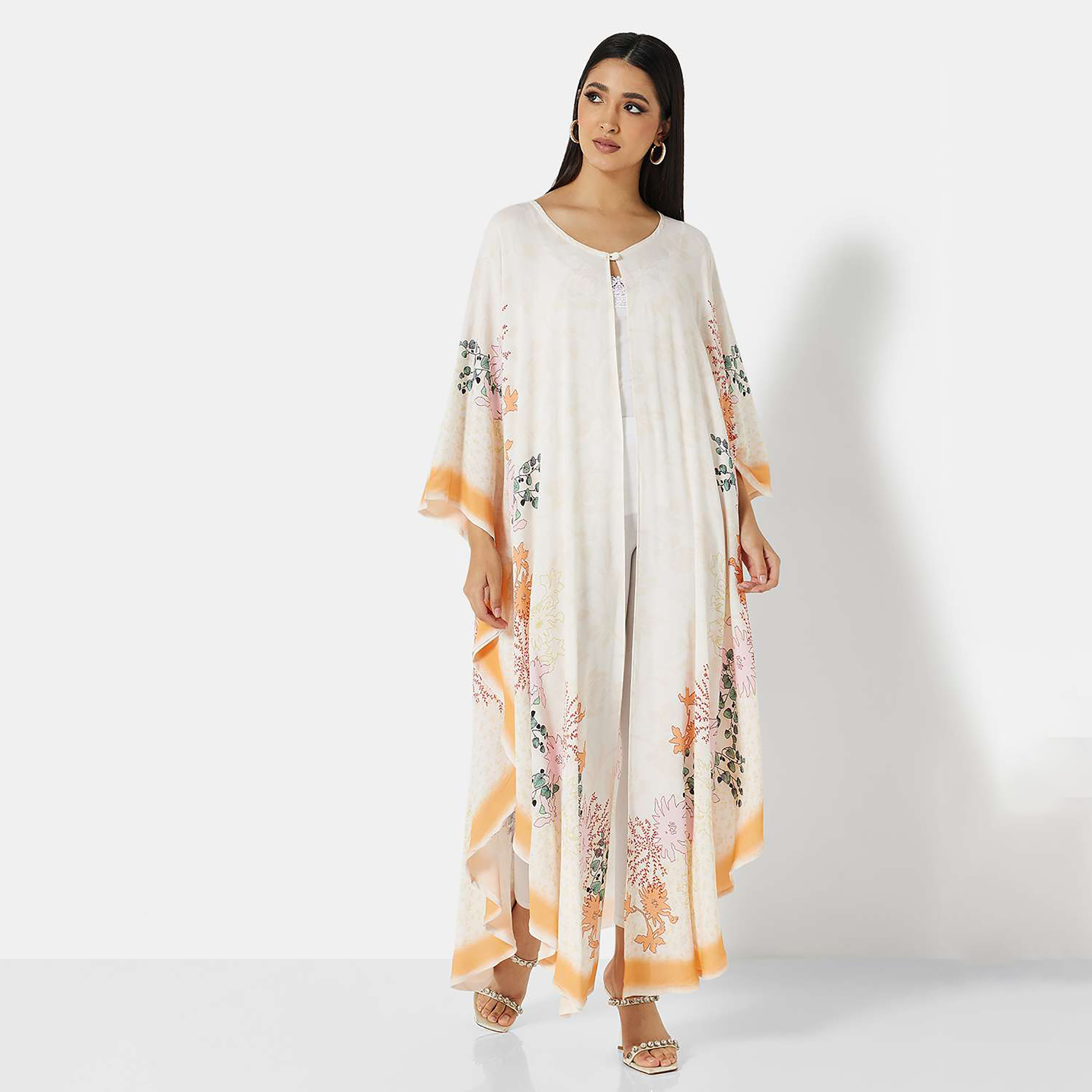 Hana & Sara White Printed Flared Sleeves Women's Jalabiya-women-arabicclothing-jalabiyas-image-1