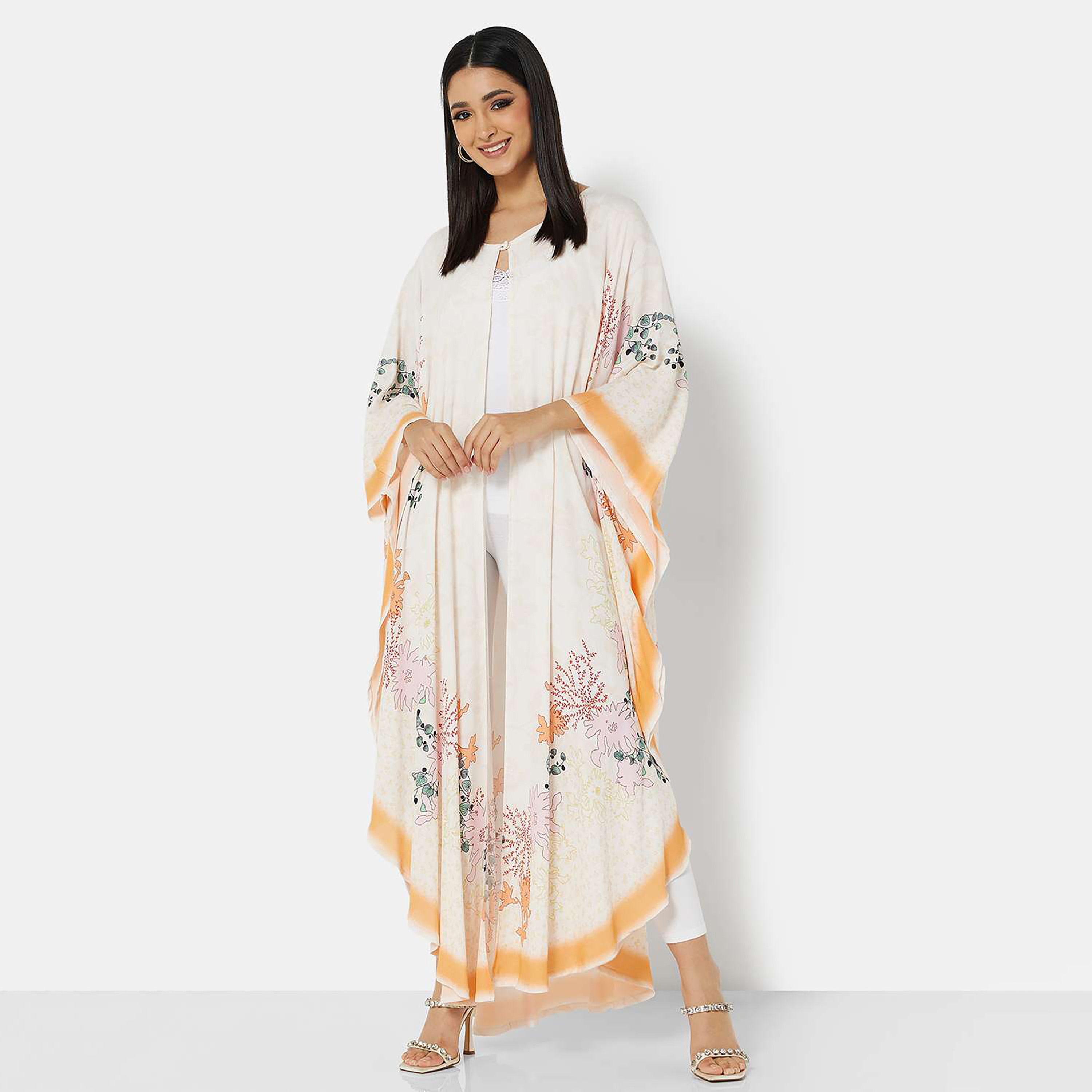 Hana & Sara White Printed Flared Sleeves Women's Jalabiya-women-arabicclothing-jalabiyas-image-2