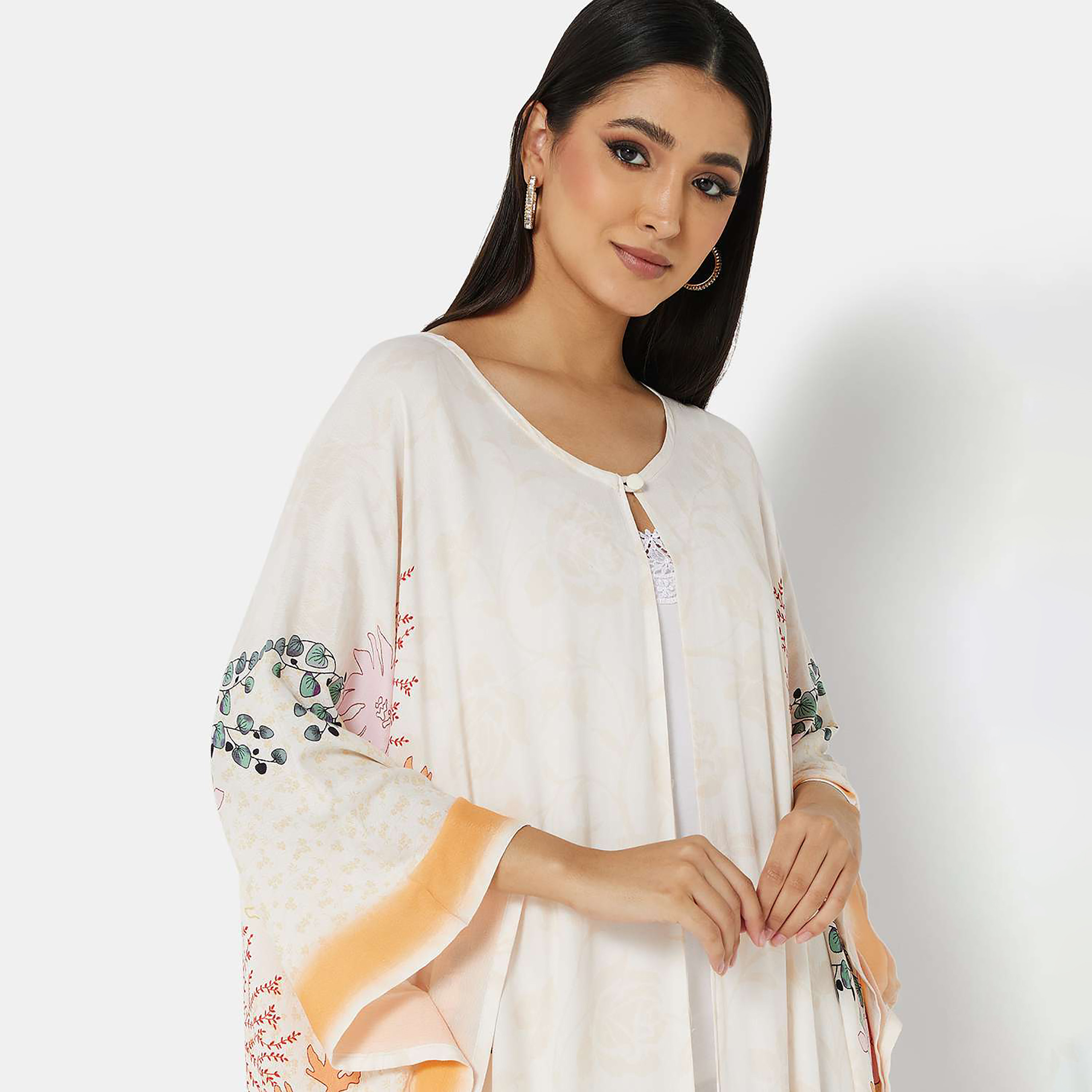 Hana & Sara White Printed Flared Sleeves Women's Jalabiya-women-arabicclothing-jalabiyas-image-4