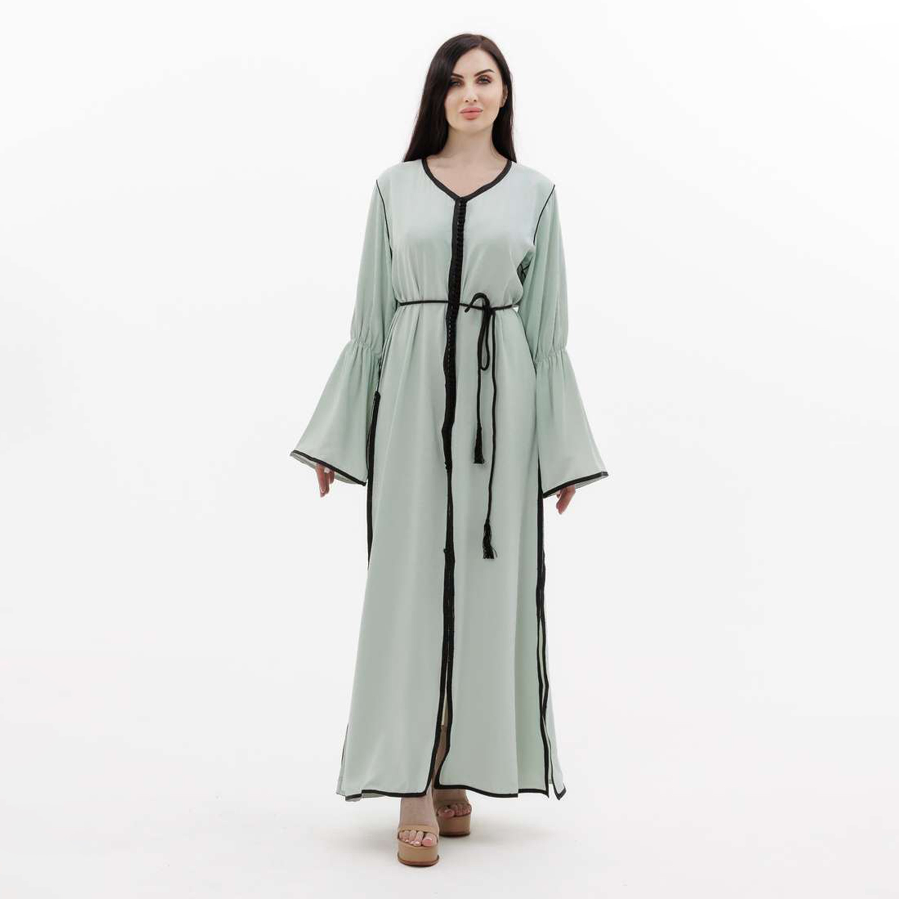 Hana & Sara Green Lace & Piping Flared Sleeves Women's Jalabiya-women-arabicclothing-jalabiyas-image-1