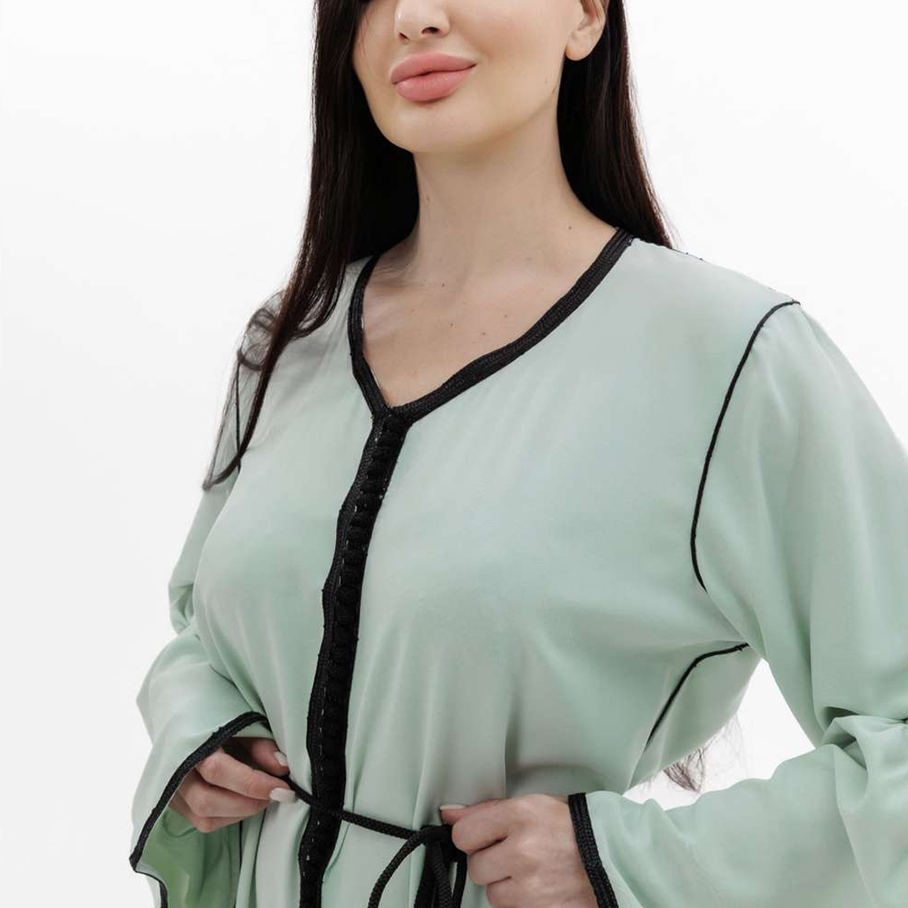 Hana & Sara Green Lace & Piping Flared Sleeves Women's Jalabiya-women-arabicclothing-jalabiyas-image-2