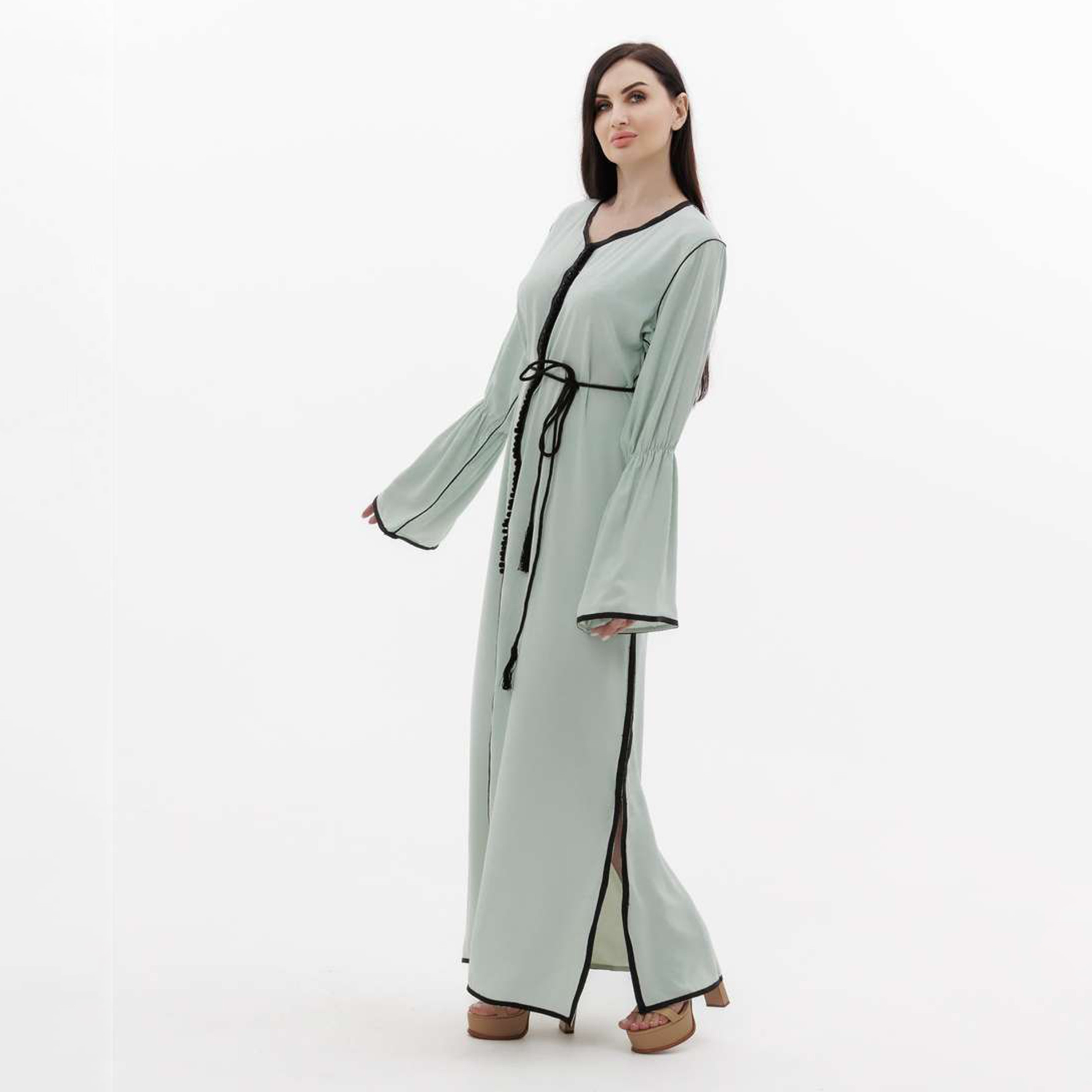 Hana & Sara Green Lace & Piping Flared Sleeves Women's Jalabiya-women-arabicclothing-jalabiyas-image-3