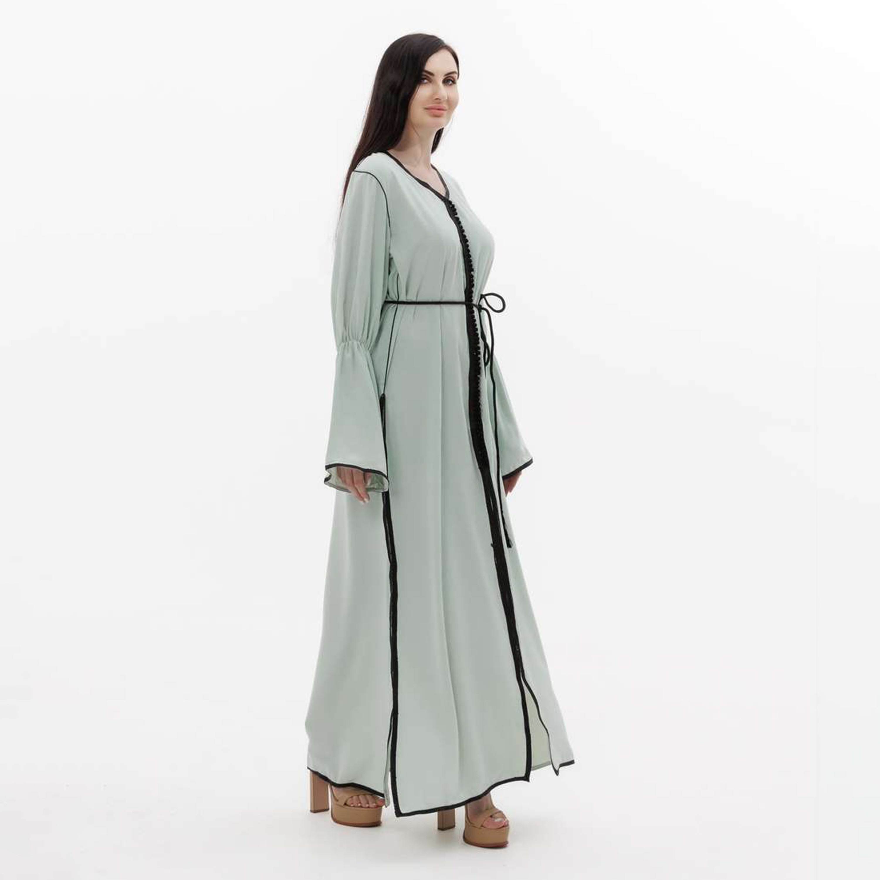Hana & Sara Green Lace & Piping Flared Sleeves Women's Jalabiya-women-arabicclothing-jalabiyas-image-4